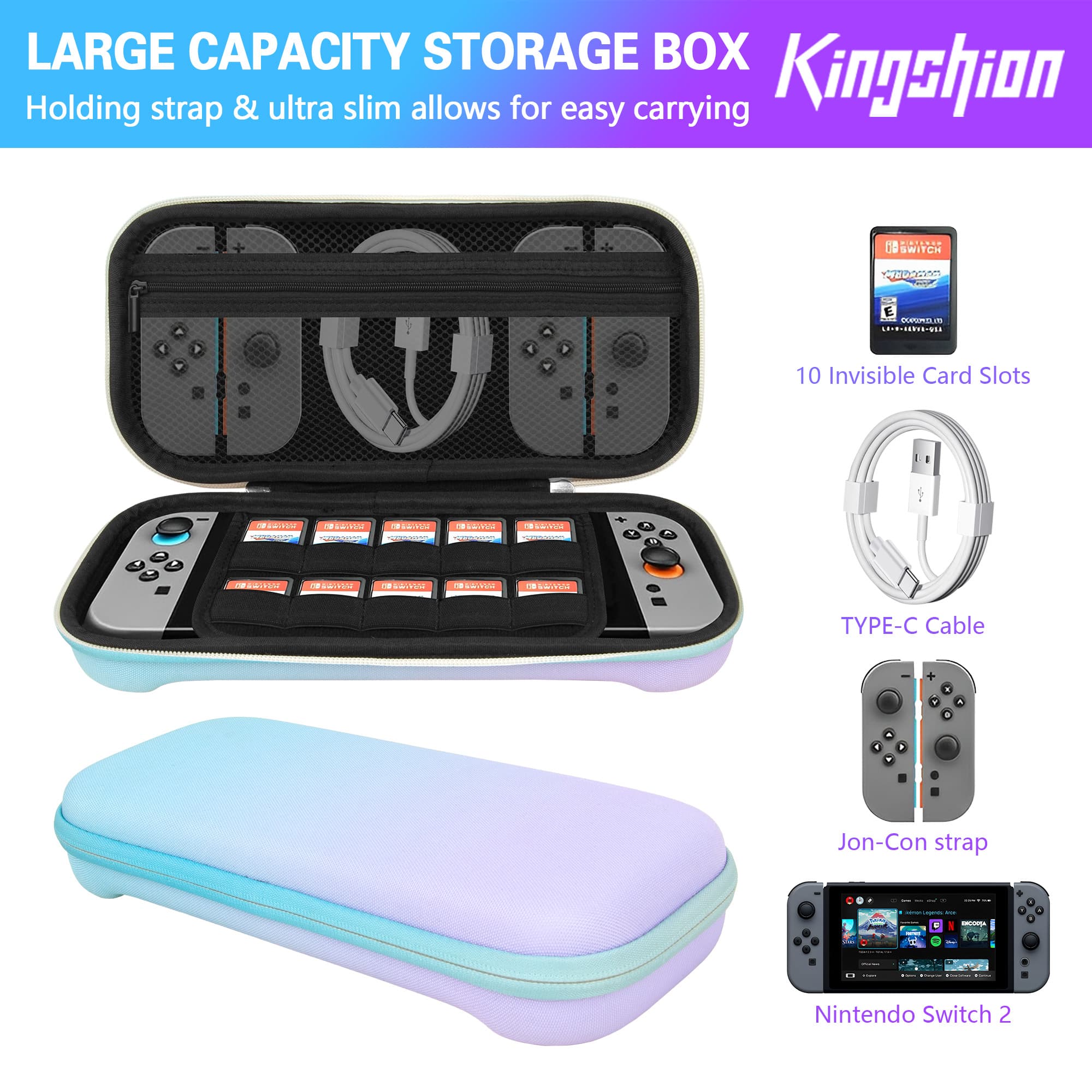 Carrying Case for Switch 2 (2025) - Hard Shell Travel Case with 10 Game Card Slots & Accessory Pocket, Protective Storage Bag for Switch 2 Console - Purple Blue - 3