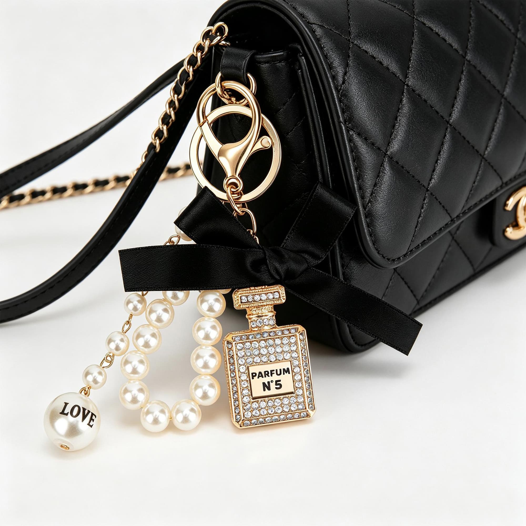 ReignSword Pearl Bow Perfume Purse Keychain for Women, Elegant Crystal Perfume Bottle Key Ring, Bling Car Key Chain & Handbag Charm (White) - 1