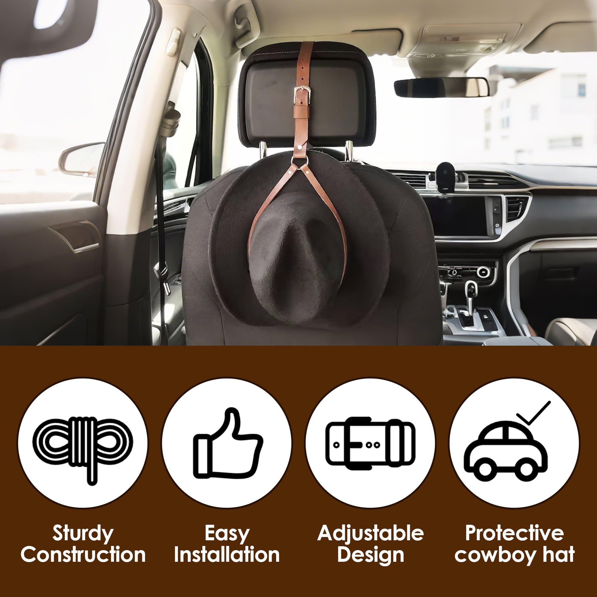 ReignSword Vegan Leather Cowboy Hat Holder for Truck Car, Hat Hanger Clip to Keep Hat Shape, Vehicle Hat Organizer for SUV, Pickup, Interior Car Accessories (Brown) - 1