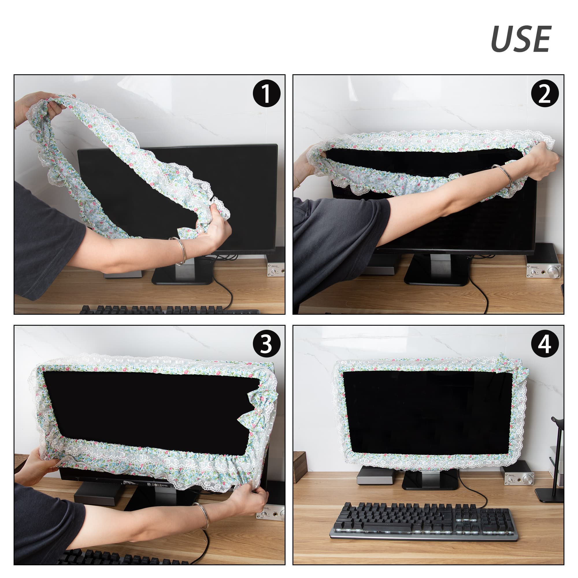 Kingshion 24 - 27 IN Lovely Cute Computer Monitor Cover with Lovely Cute Elastic Pen Pocket Bow-knot TV LCD Screen Monitor Decoration Dust Cover Protector, Lace Fabric- Green - 3