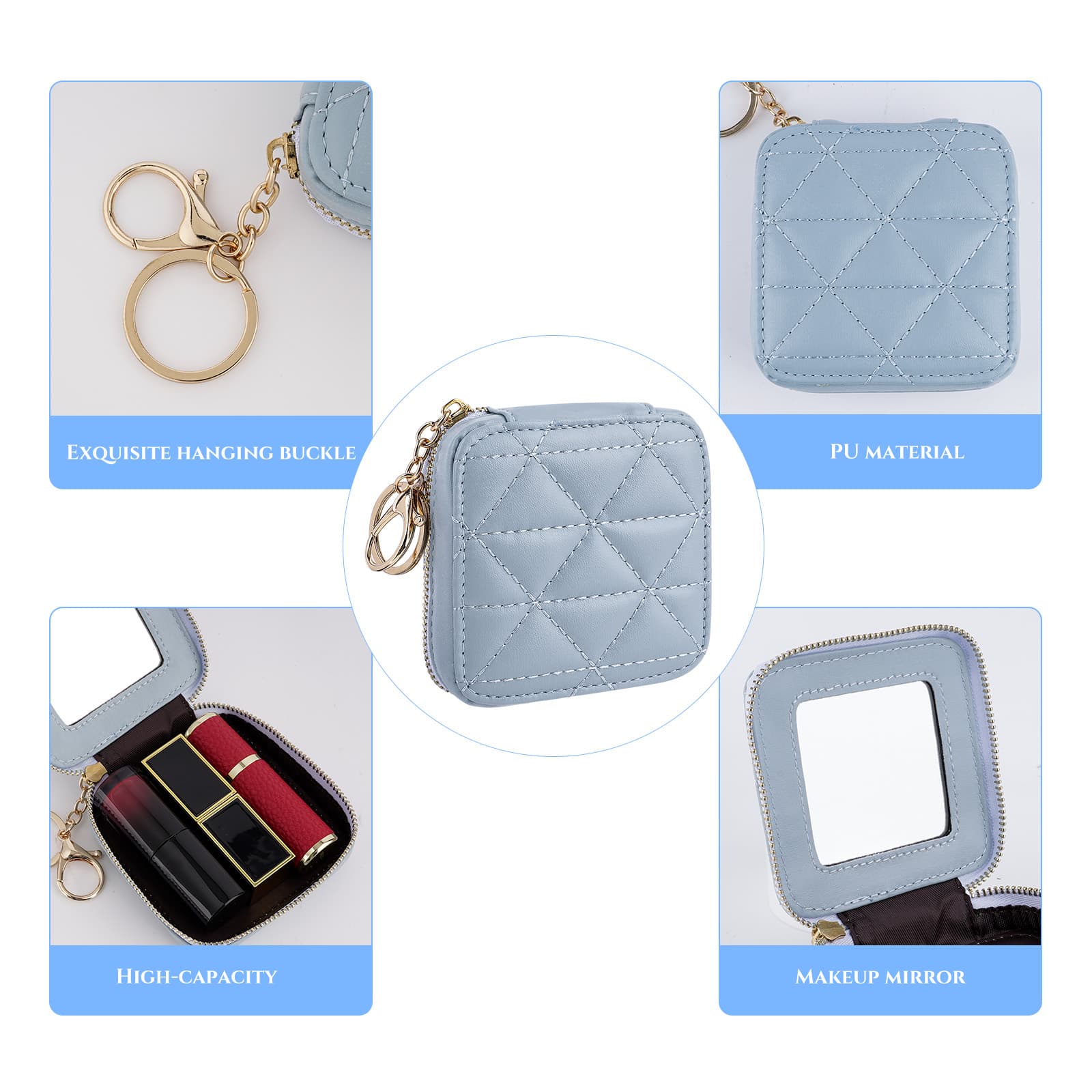 JANKOW Mini Cosmetic Pouch with Mirror, Light Blue Quilted PU Leather Makeup Bag for Purse, Zipper Travel Lipstick Case, 1-Pack - 2