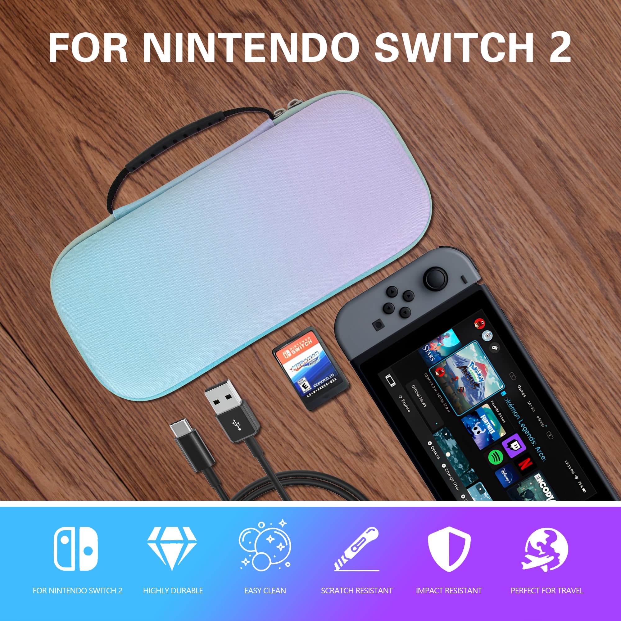 Carrying Case for Switch 2 (2025) - Hard Shell Travel Case with 10 Game Card Slots & Accessory Pocket, Protective Storage Bag for Switch 2 Console - Purple Blue - 5