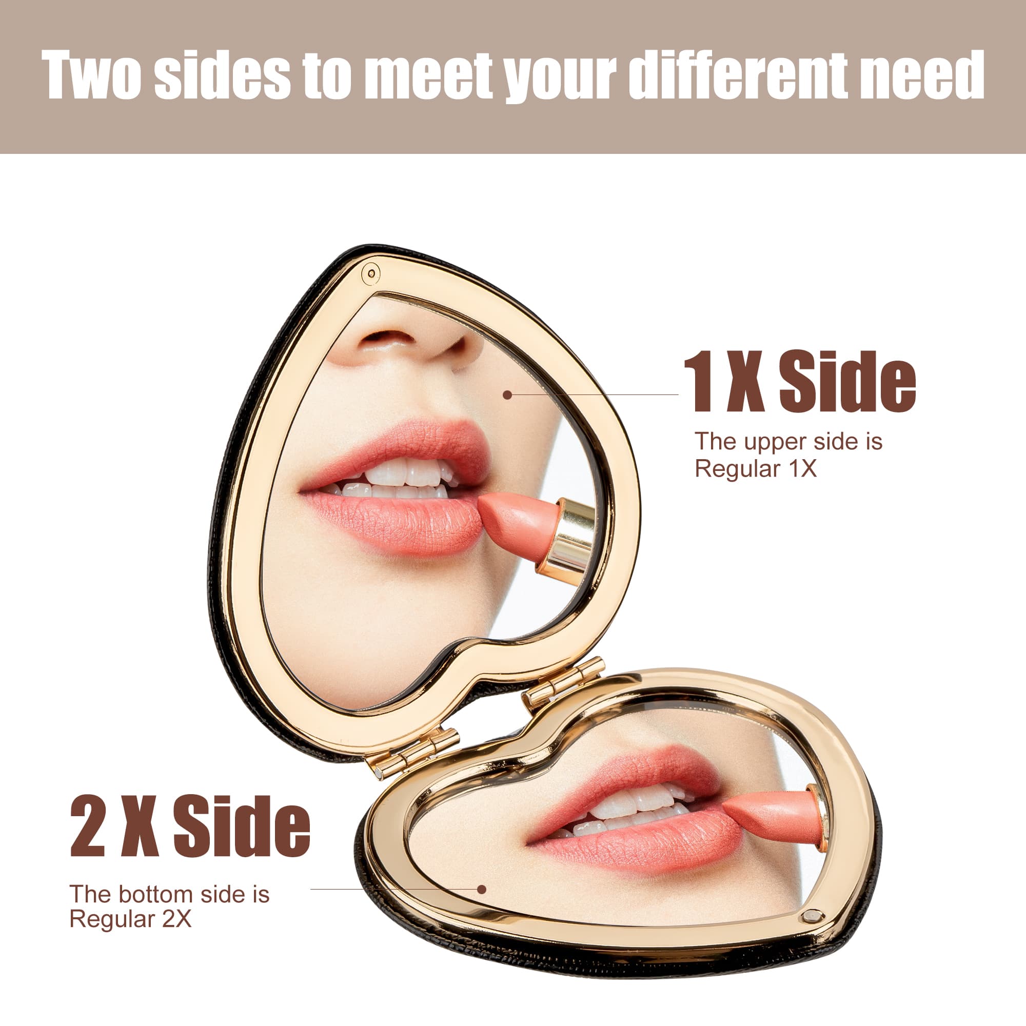 CAIRIAC Compact Mirrors, Leather Folding Travel Mirror for Purse, Double Sided Handheld Mirrors, Portable Heart shape Makeup Gift for Girls Women Mothers (Black) - 2