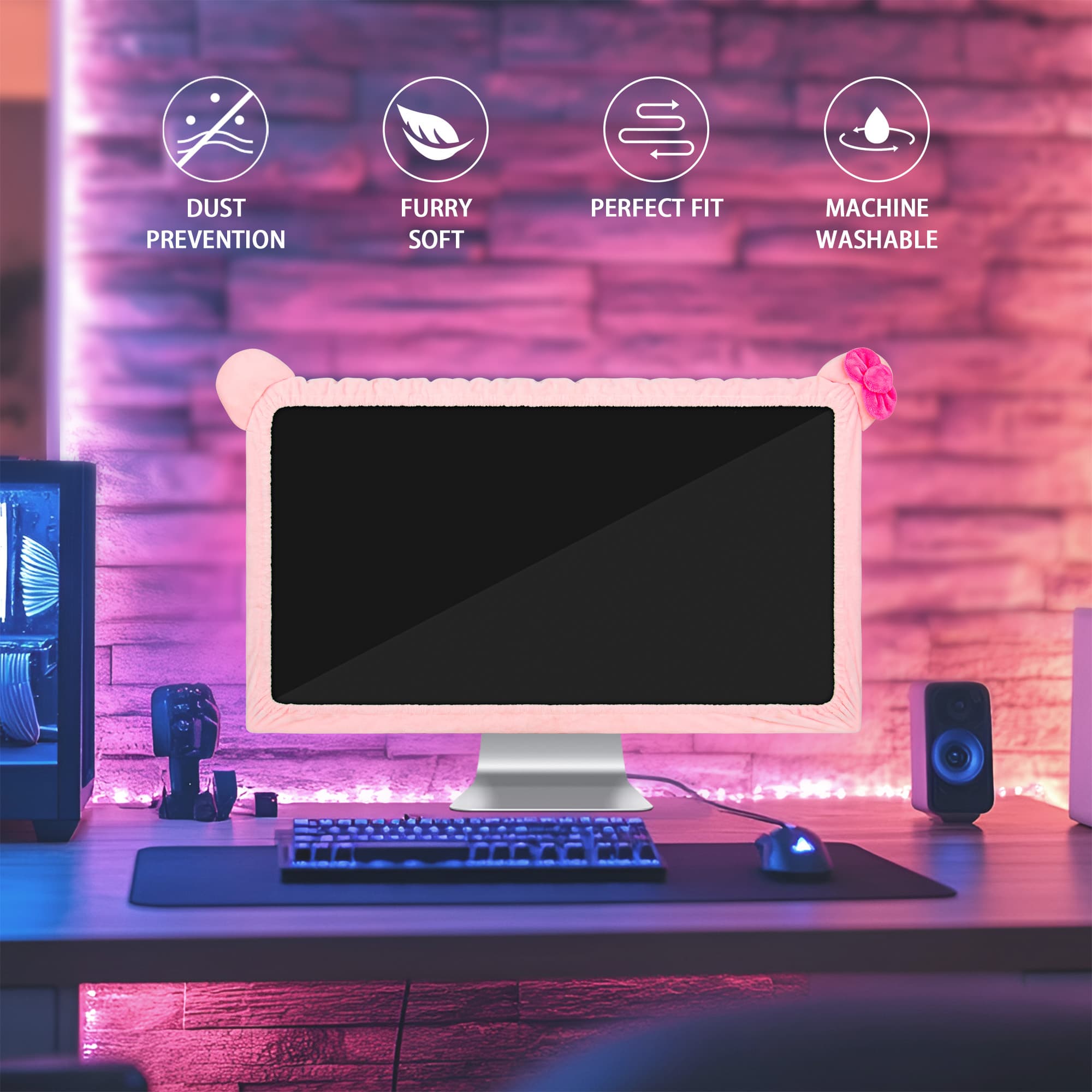 22"-27" Lovely Cute Computer Monitor Cover with Cat Ear Design, Kawaii Display Dust Cover with Furry Design, Elastic Dustproof, Suitable for PC, Tablet, TV, LCD (Pink) - 4