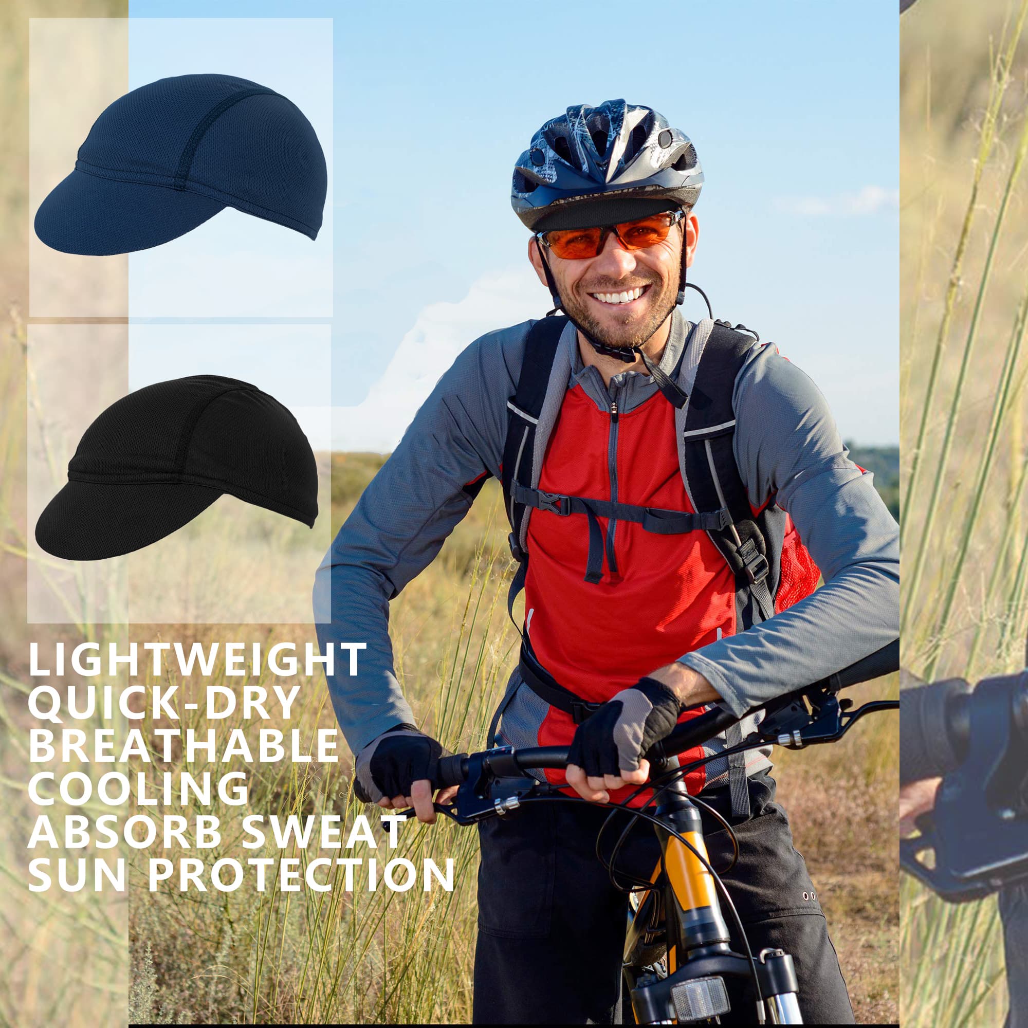 RidingRush Cycling Cap for Men 2 Pack, Breathable Bike Hat Under Helmet, Lightweight Bicycle Caps for Road & MTB Riding, Sun Protection Cycling Hats - 5