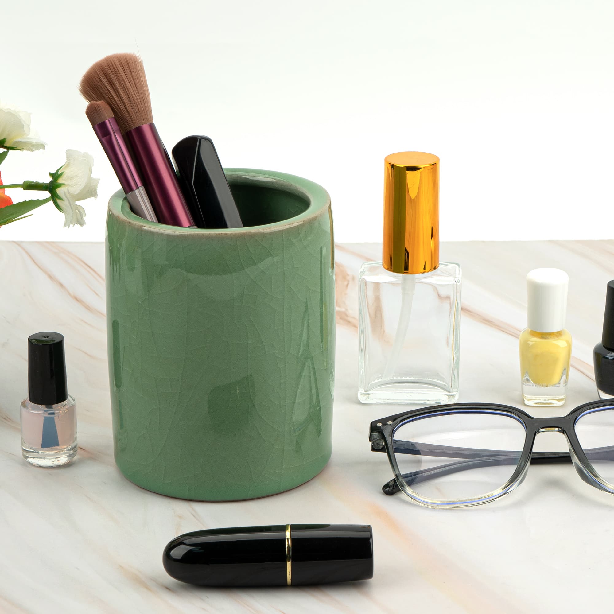 JANKINGS Celadon Ceramic Pencil Holder, Green Crackle-Glaze Pen Cup for Desk, Makeup Brush or Tool Organizer, 1-Pack - 4