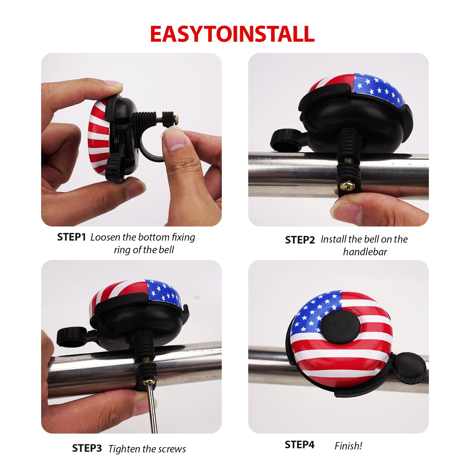 RidingRush Kids Bike Bell – Loud Clear Sound Bicycle Bell for Boys and Girls, American Flag Design, Easy Handlebar Mount for Toddler, BMX, and Cruiser Bikes - 5
