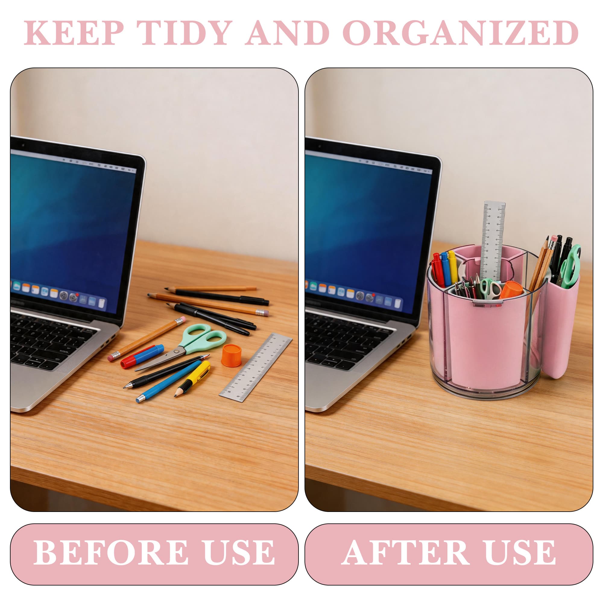 ReignSword 360° Rotating Pen Holder, Expandable 5-9 Slots Desk Organizer, Clear Detachable Pencil Cup Caddy, Aesthetic Desktop Supplies for Office Home (Pink) - 3