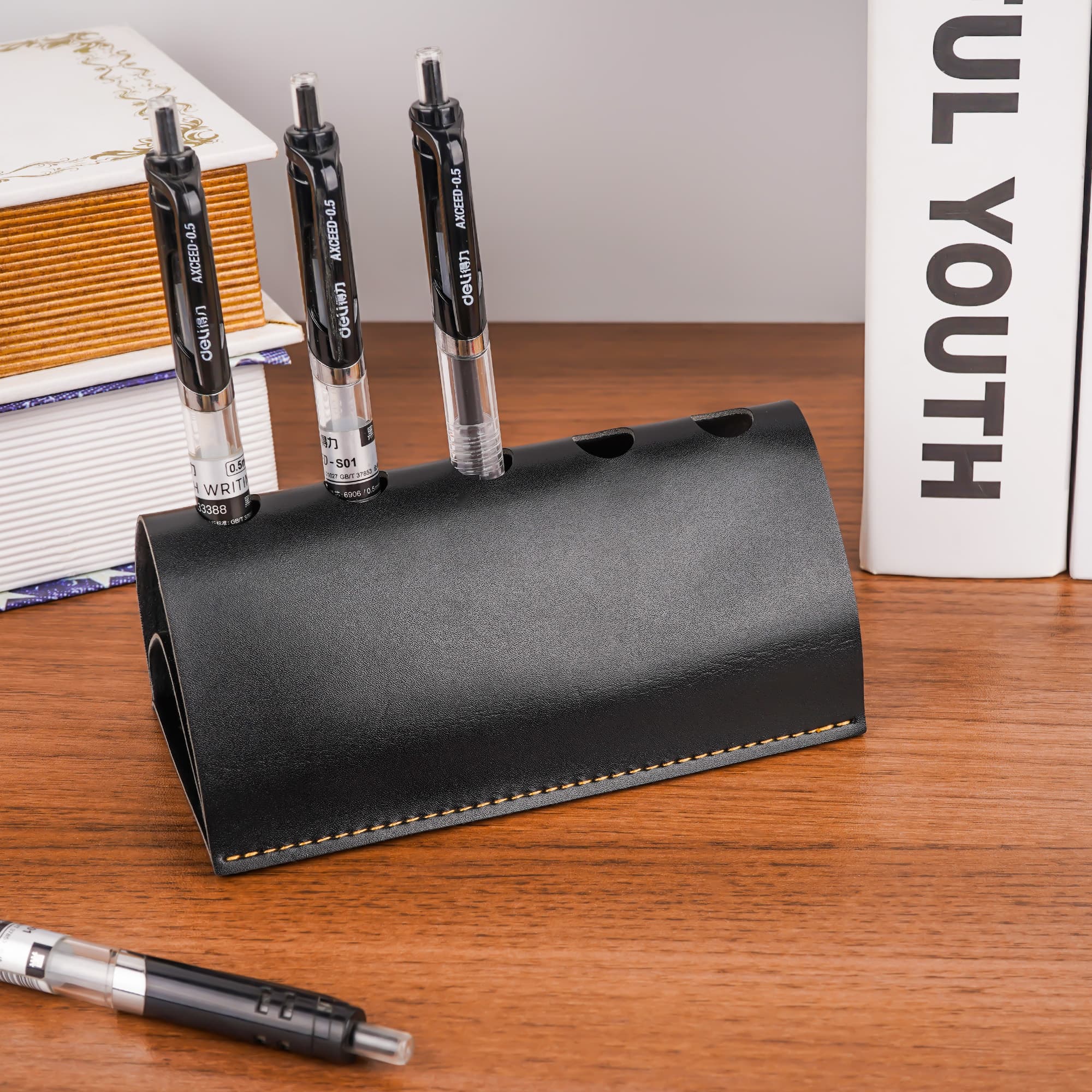 ReignSword Pen Holder for Desk, Vegan Leather Pencil Holder Stand Display Rack with 5 Slots, Portable Pen Organizer for Office (Black) - 5