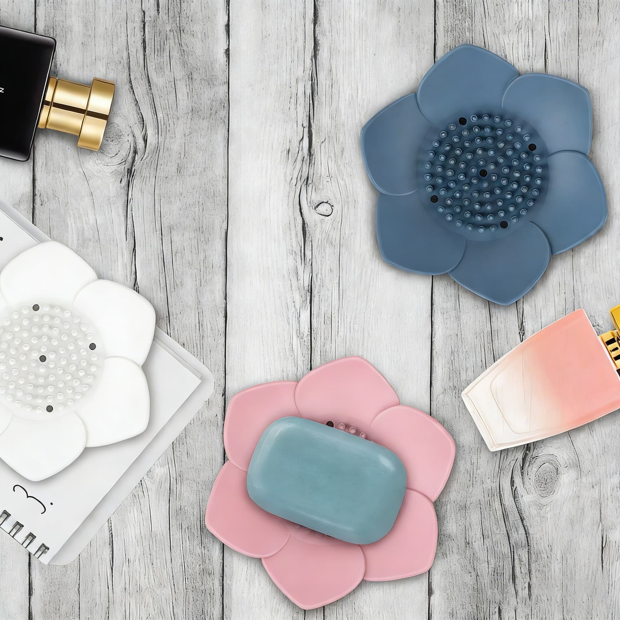 ReignSword 3 Pack Soap Dish, Bar Soap Holder, Bathroom Soap Tray with Drain, Lotus Silicone Soap Holder for Bathroom Shower (Blue, Pink, White) - 4