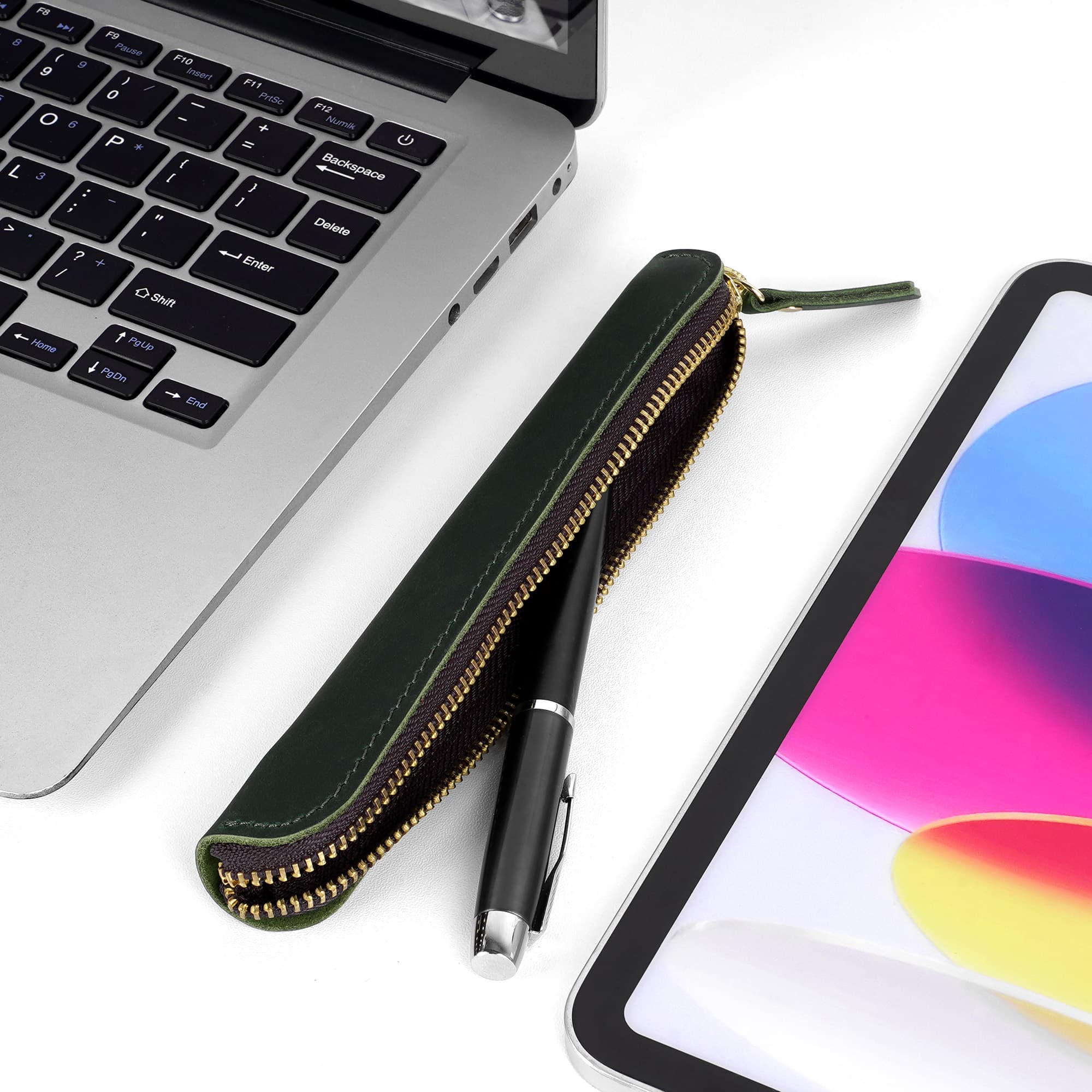 Crazy Horse Leather Zipper Single Pen Case, Handmade Genuine Leather Pouch for One Fountain Pen or Rollerball, Slim Daily Carry Pen Holder (Green) - 3