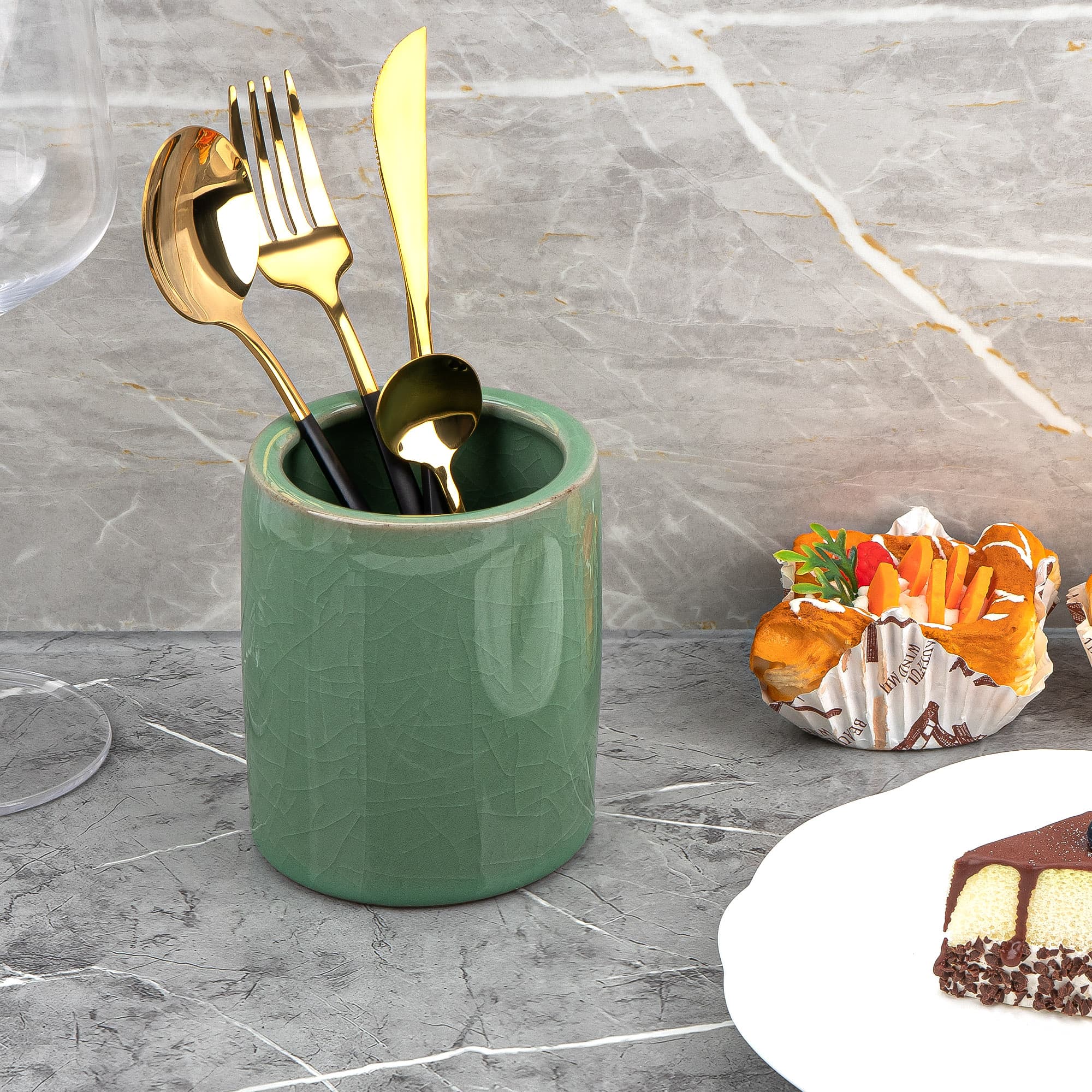 JANKINGS Celadon Ceramic Pencil Holder, Green Crackle-Glaze Pen Cup for Desk, Makeup Brush or Tool Organizer, 1-Pack - 5