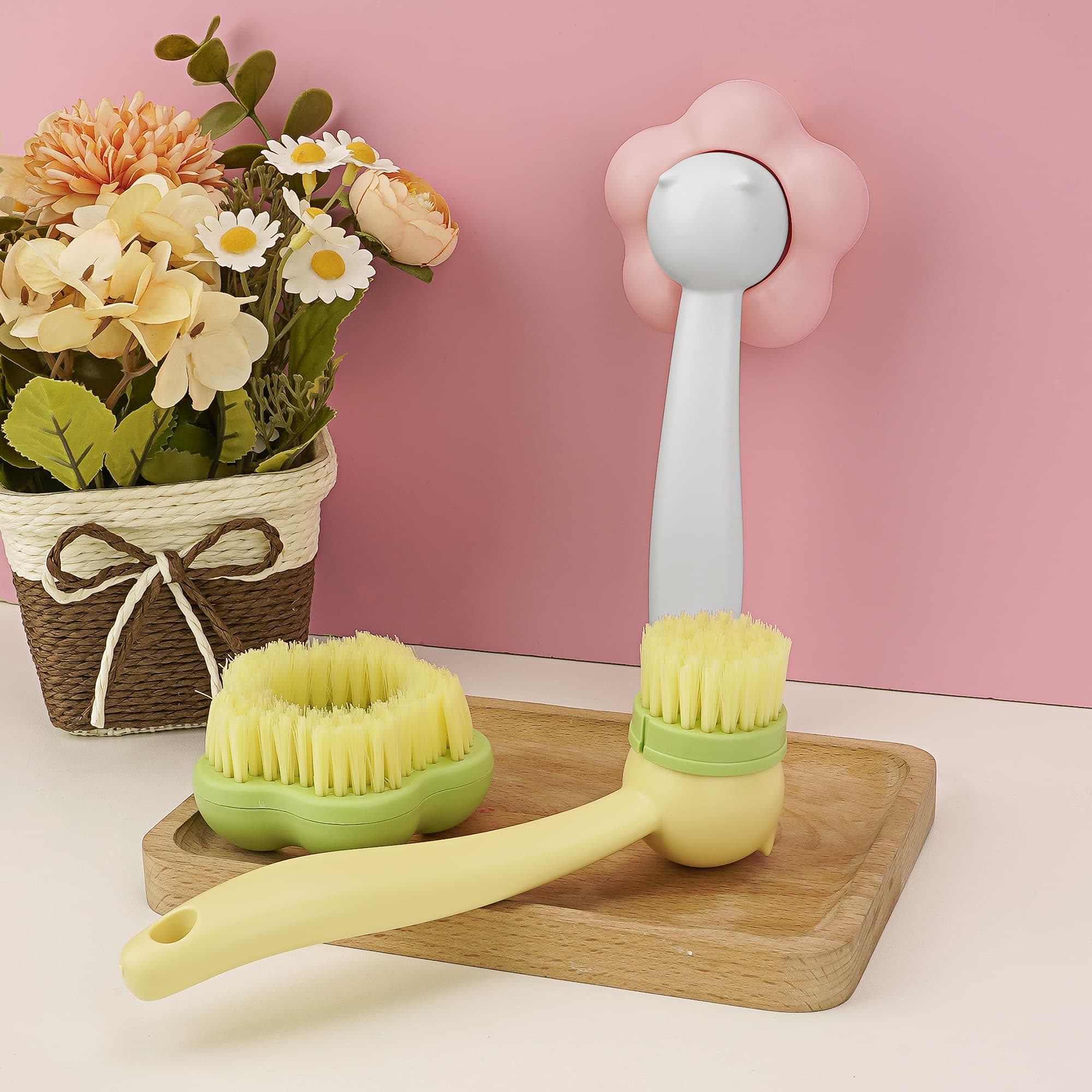 JANKOW 2-in-1 Shoe Cleaning Brush, PP Bristle Scrubber with Ergonomic Handle, Pink & Green, 1-Count - 5