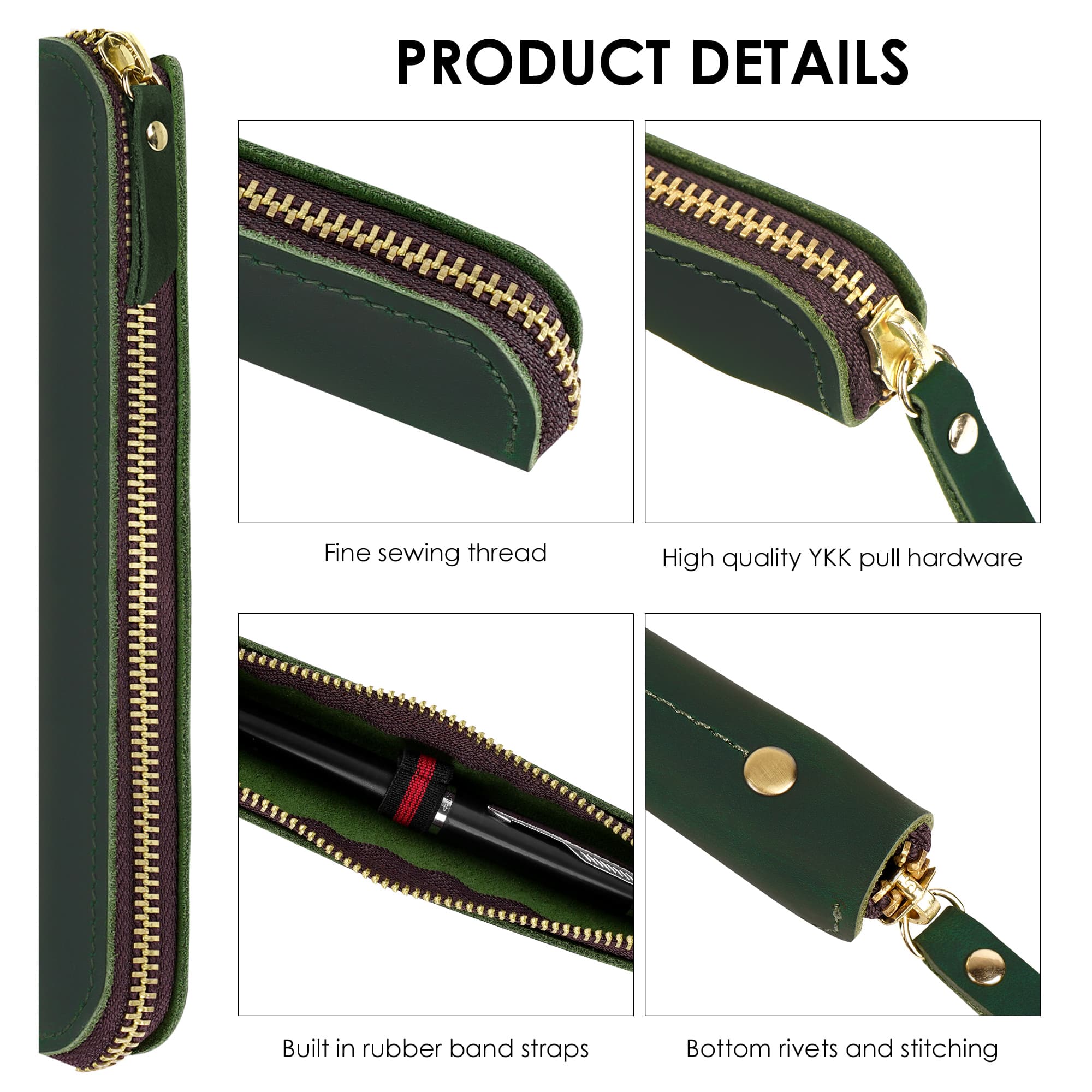 Crazy Horse Leather Zipper Single Pen Case, Handmade Genuine Leather Pouch for One Fountain Pen or Rollerball, Slim Daily Carry Pen Holder (Green) - 2