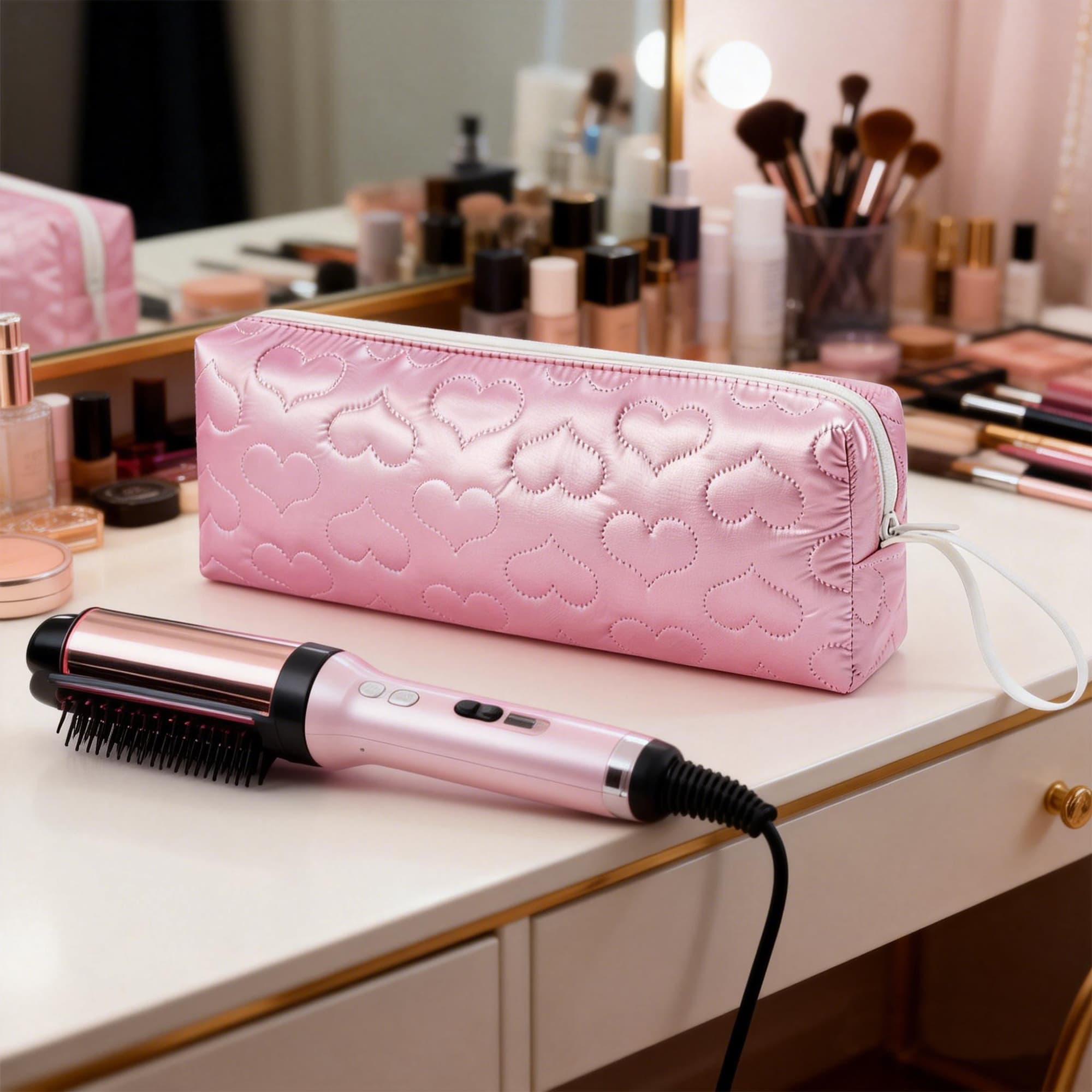ReignSword Heat Resistant Hair Tools Travel Bag, Portable Storage Case Pouch with Heart Pattern for Curling Irons, Flat Irons, Hair Straighteners and Accessories (Peach Pink) - 6