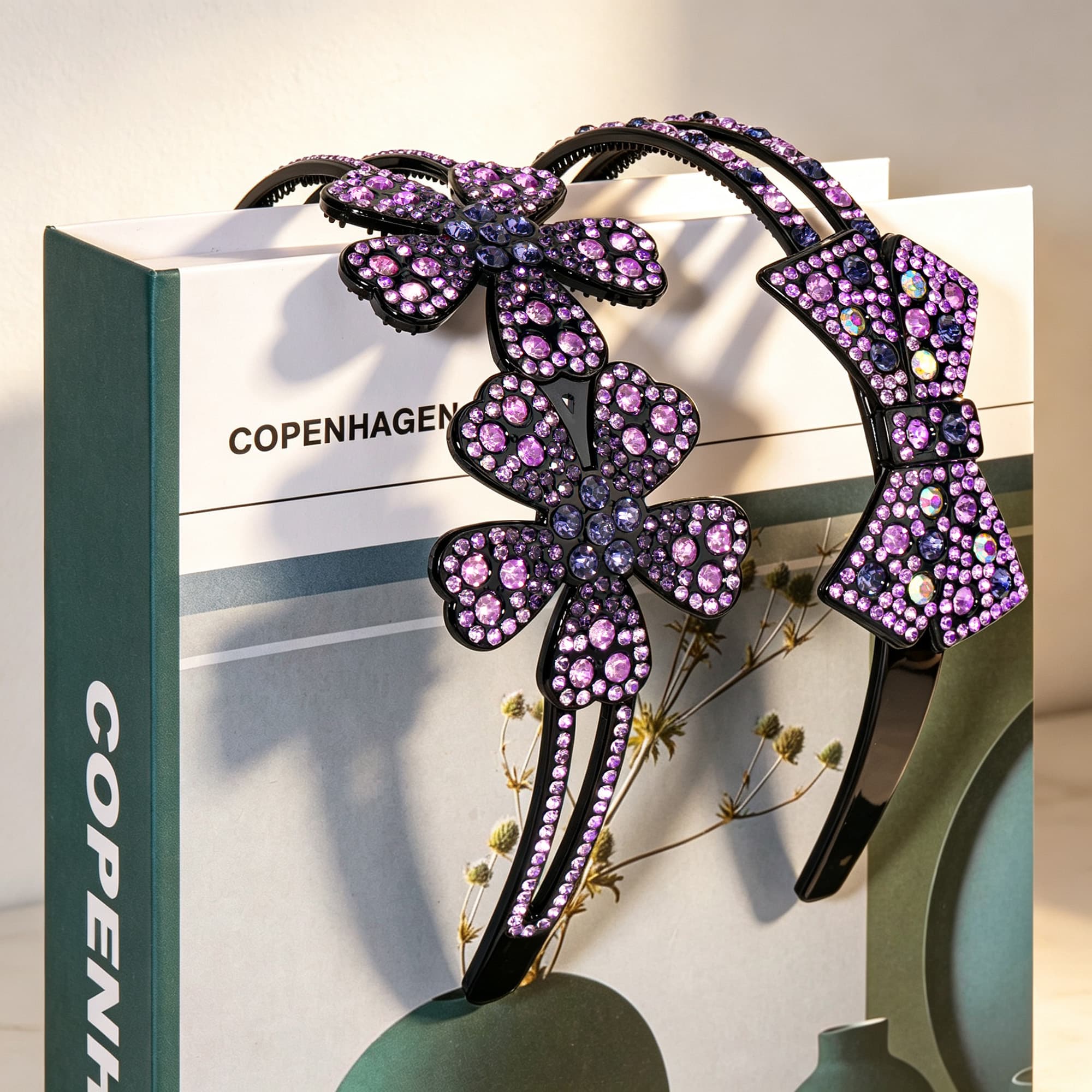 ReignSword 2 Pack Rhinestone Headbands for Women, Sparkly Crystal Bow & Flower Hair Bands, Non-Slip Plastic Hair Hoops for Daily Party (Purple) - 3