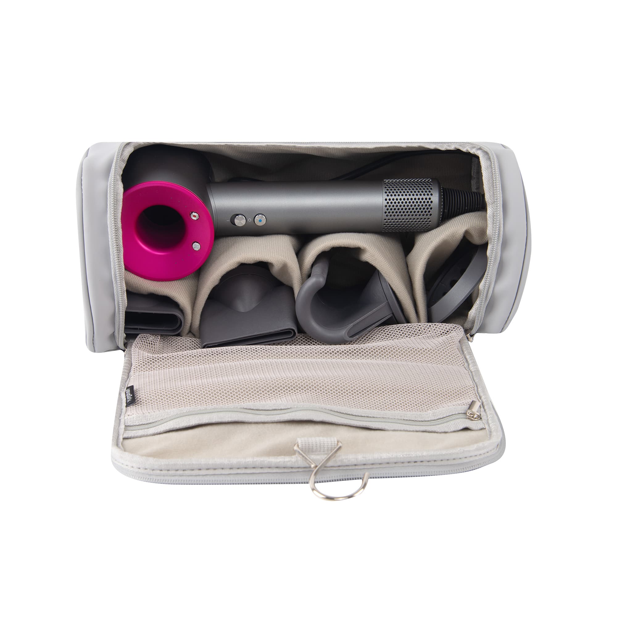 Hair Tool Organizer Case Compatible with Hair Dryer & Curling Iron - Premium Smooth PU Leather Storage Bag with Wall-Mountable Hook, Mesh Pocket, 4 Slots for Detachable Replacement Heads (Gray) - 3
