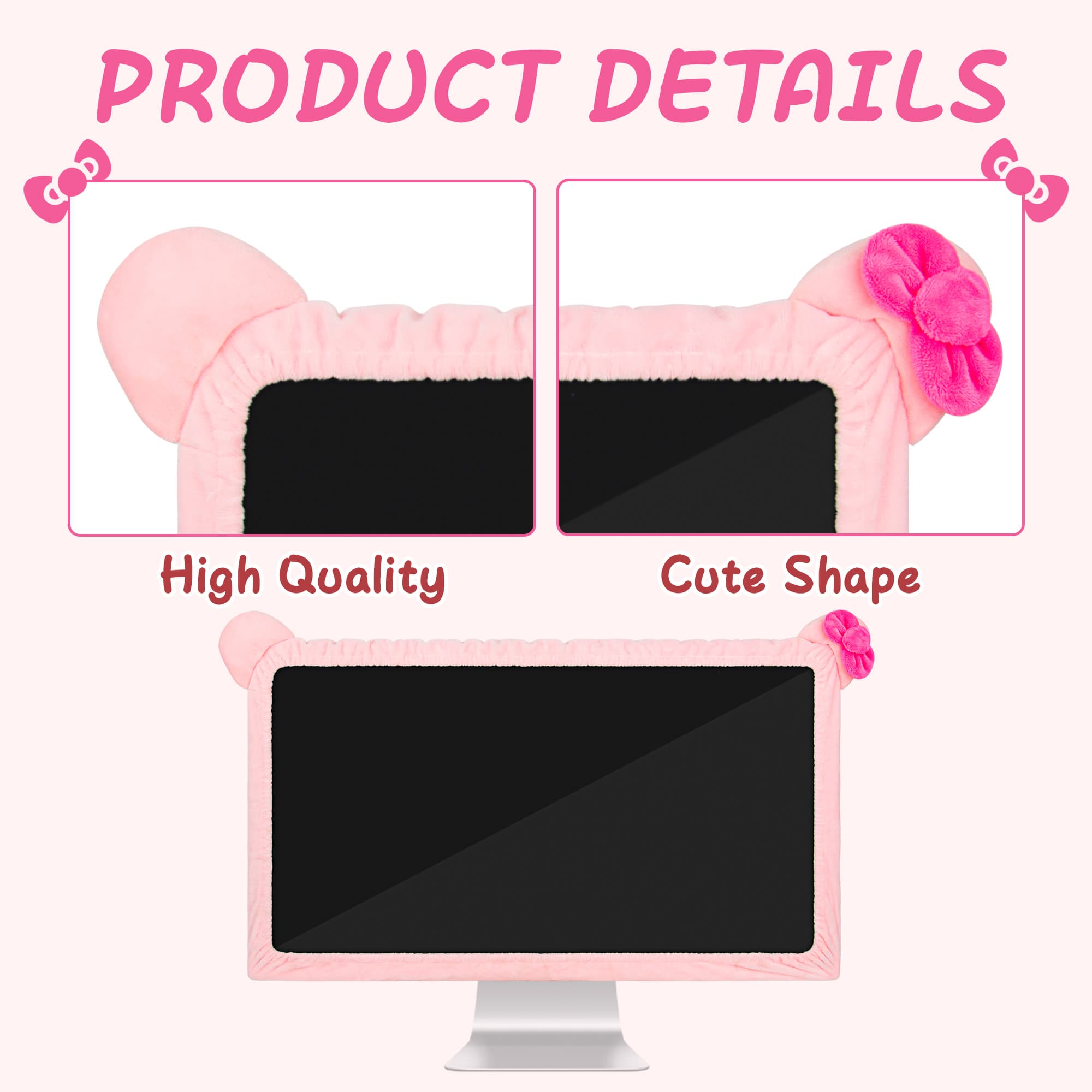 22"-27" Lovely Cute Computer Monitor Cover with Cat Ear Design, Kawaii Display Dust Cover with Furry Design, Elastic Dustproof, Suitable for PC, Tablet, TV, LCD (Pink) - 2