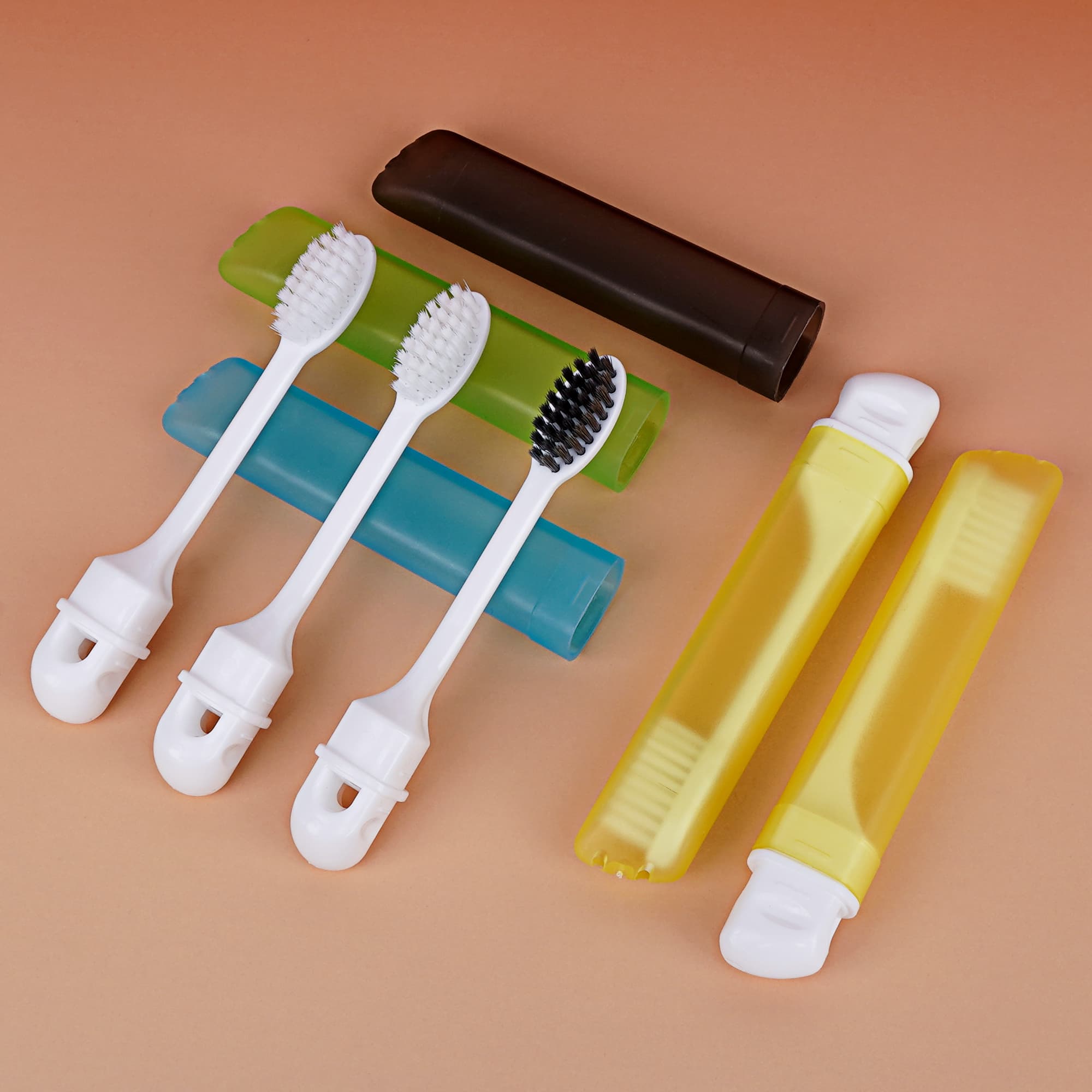 JANKOW Portable Folding Disposable Toothbrush, 5-Pack Travel Toothbrushes with Hygienic Caps, Plastic, Blue/Green/Black/Yellow/Pink – Compact for Travel, Office, Gym, Camping - 11