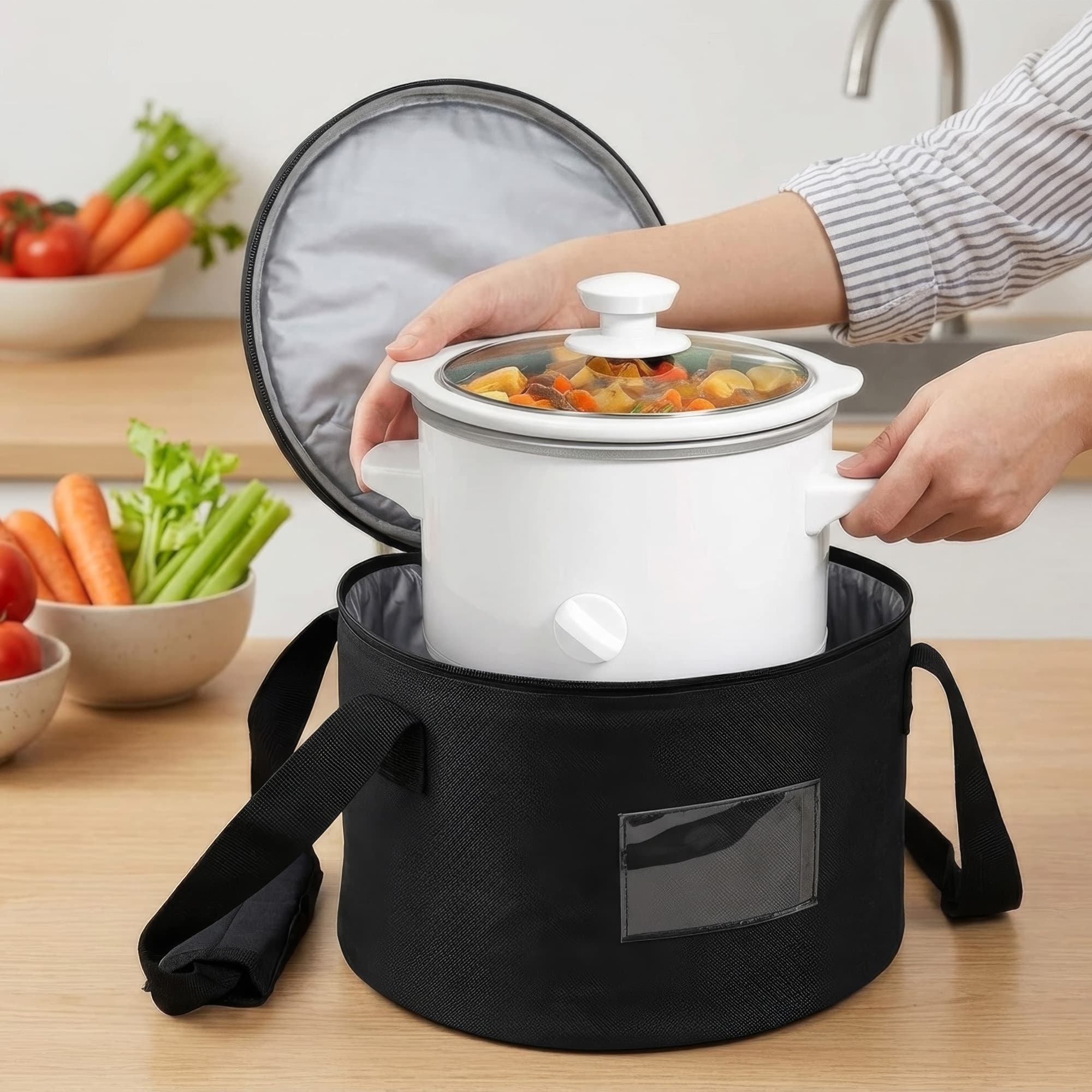Kingshion Round Insulated Thermal Pie Carrier Slow Cooker Bag,Reusable Insulated Cake Carriers Casserole Carrier Cooler Bags for Potluck,Picnics,Collapsible Lunch bag for Delivery - 3