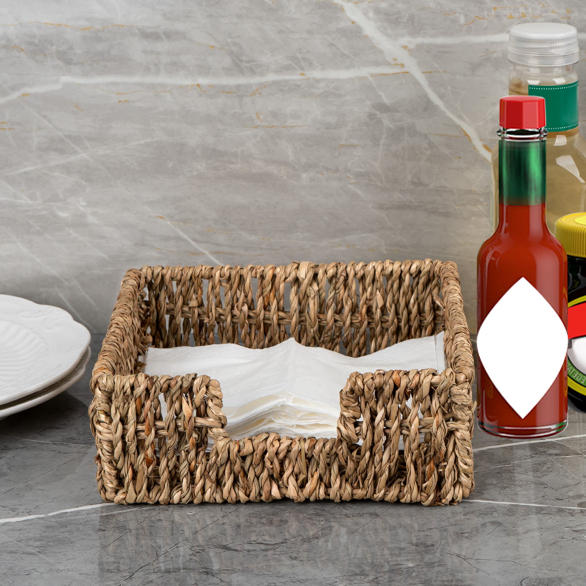 JANKINGS Square Seagrass Napkin Holder for Table - Hand-Woven Wicker Napkin Basket for Paper Napkins - Flat Guest Towel Holder for Kitchen, Dining Room, Boho Farmhouse Decor - 7.5 x 7.5 Inch - 5