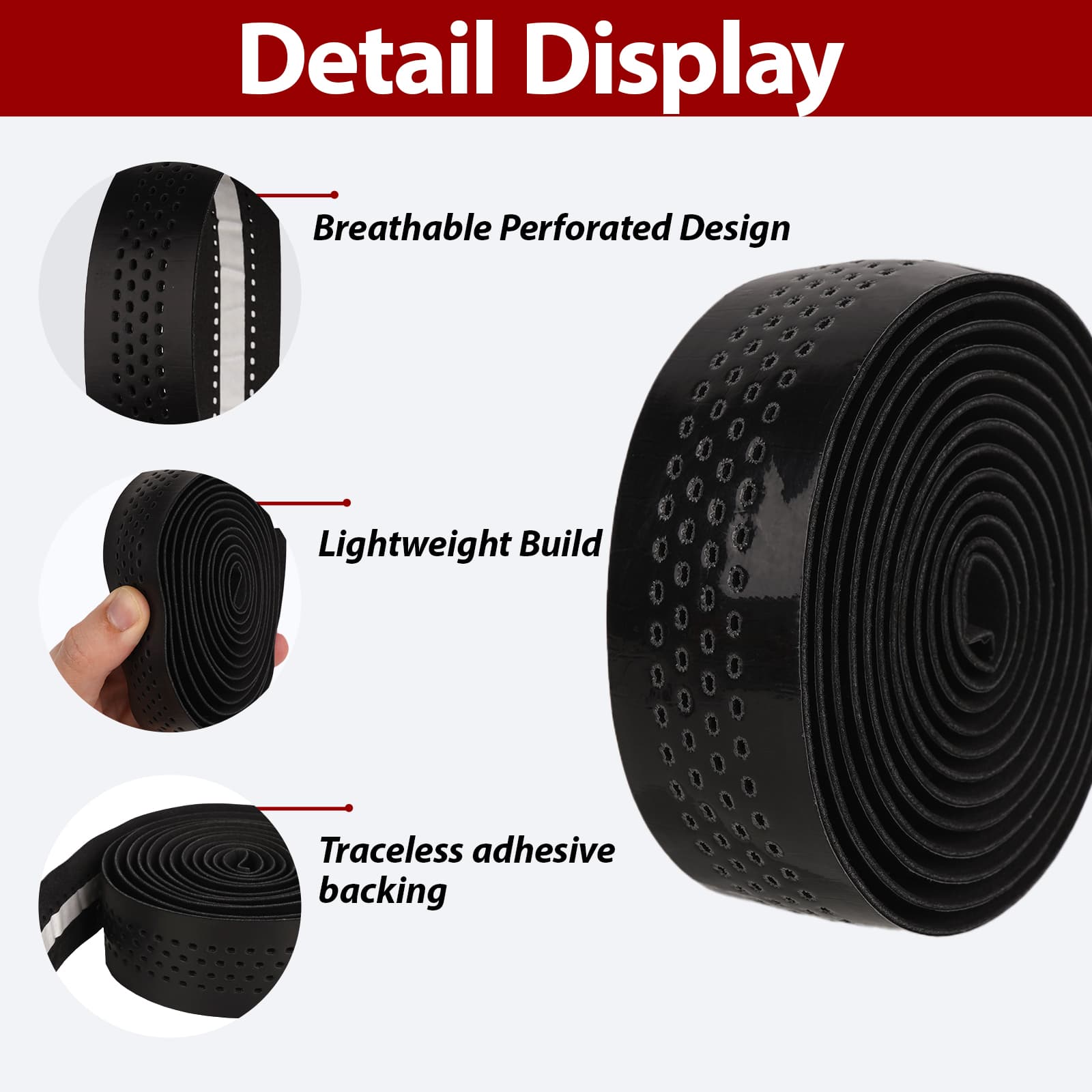 RidingRush Bike Grip Tape Road Bike Perforated PU – Anti-Slip Breathable Bar Tape for Road Bike, Shock Absorbing Bicycle Handlebar Wrap, Black Grip Tape for Cycling Comfort - 4