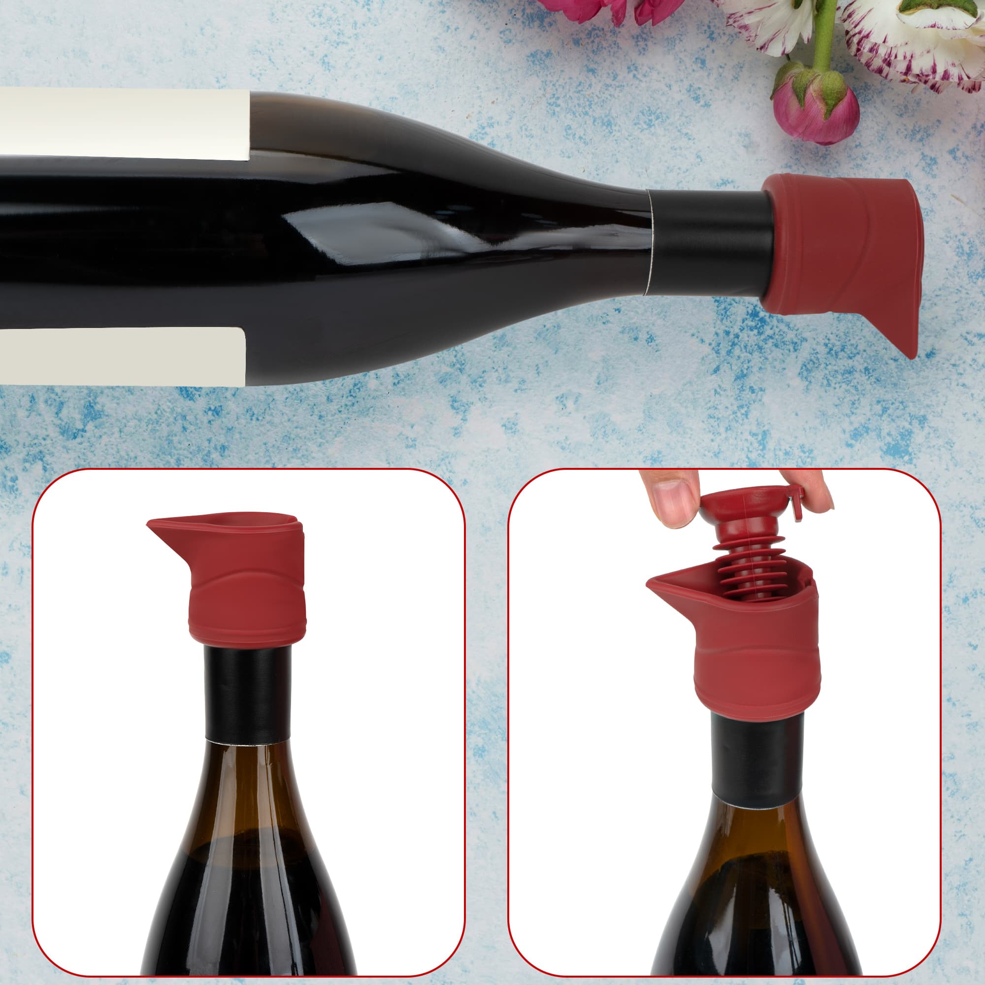 JANKINGS Wine Stopper And Pourer, Sealing Plug Can Be Fixed On The Flow Guide Nozzle for Preserve Freshness(3Pcs Red) - 3
