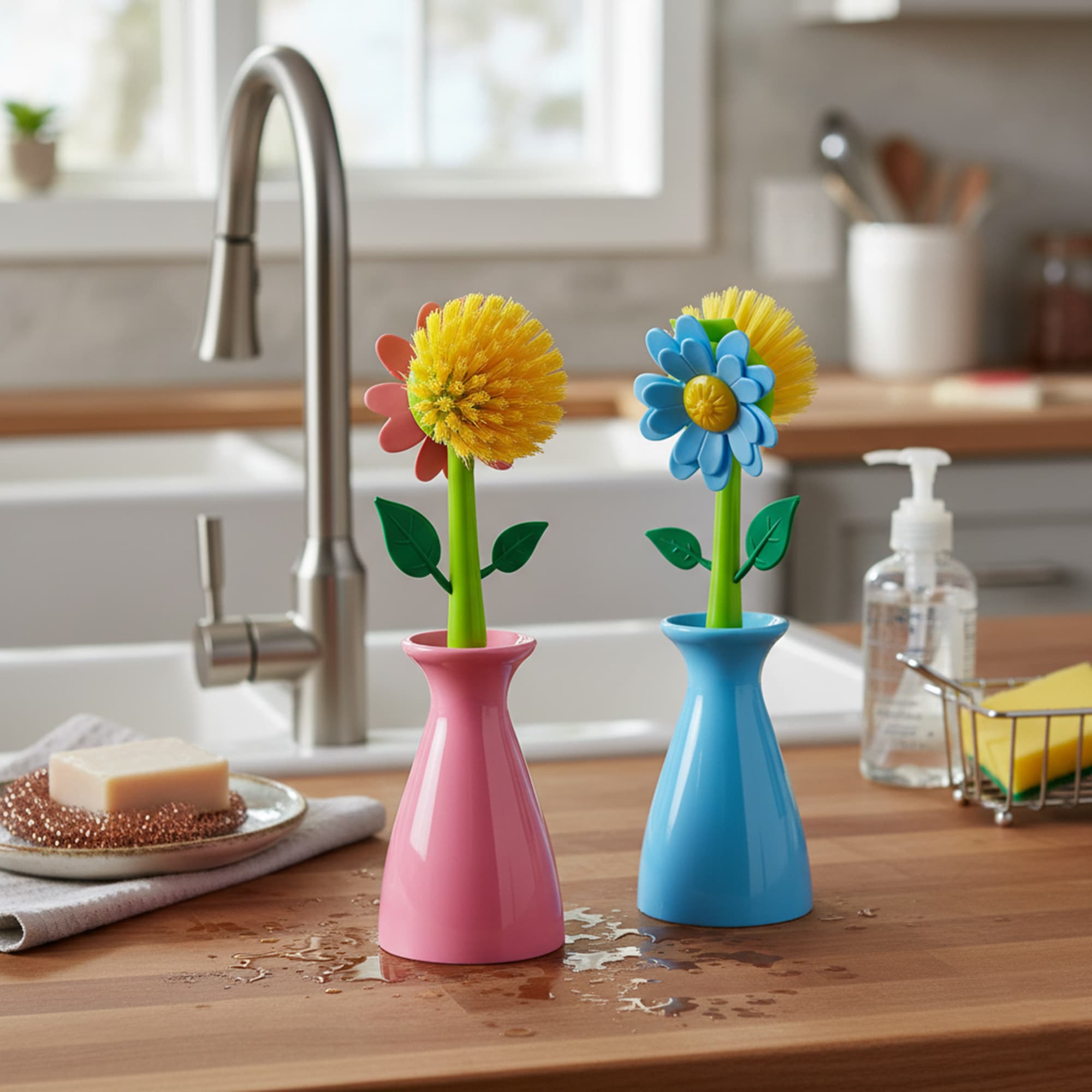 JANKOW Long Handle Flower Pot Brush, Florganic Dish Brush with Vase, Long Handle Dish Brush Kitchen, for Cleaning Pot Pan Sink Kitchen Supplies Decorative Vase (2 Pcs Blue, Pink) - 4