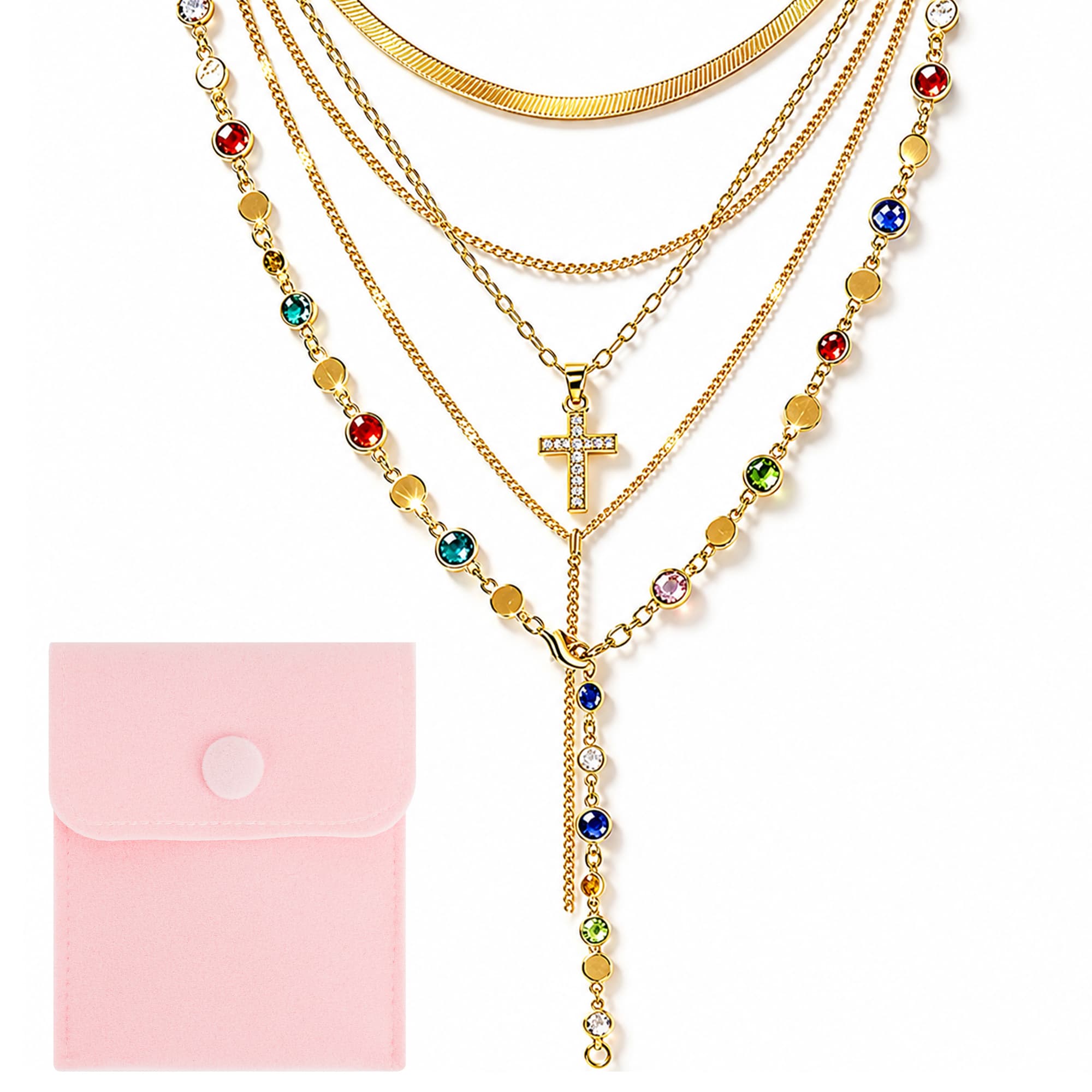 ReignSword Golden Zinc Alloy Cross Necklace, Y-Shaped Bohemian Layered Necklaces for Women, Adjustable Long Jewelry with Pink Velvet Storage Pouch - 1