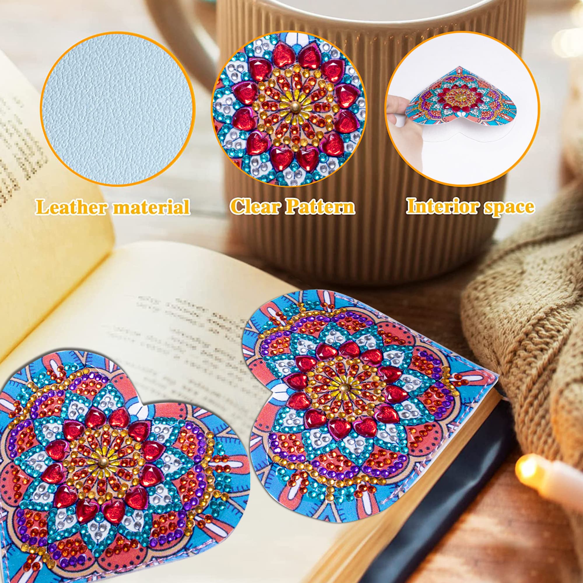 JANKOW Heart Diamond Painting Bookmarks Kits Handmade Corner Bookmark, DIY Diamond Art Bookmarks, Leather Bookmark for Birthday Gifts, Book Lovers Gifts, Adults and Kids Gift ( 6 PCS ) - 3