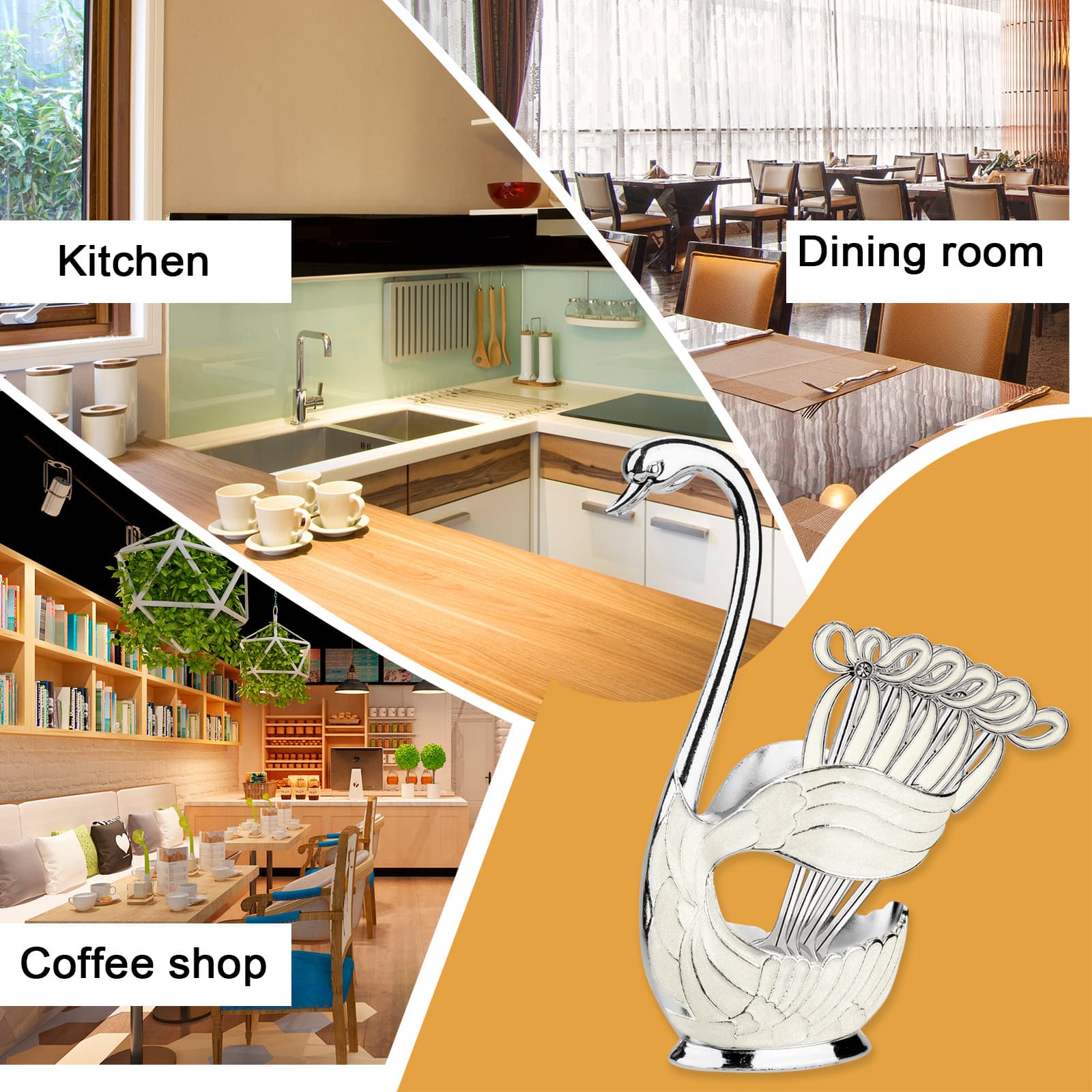 CAIRIAC Coffee Spoons Decorative Dessert Spoon Set with Metal Swan Base Holder, Demitasse Espresso Spoons, Teaspoons Set of 6 Ice Cream Spoons Coffee Dessert Flatware Spoons (Silver White) - 3