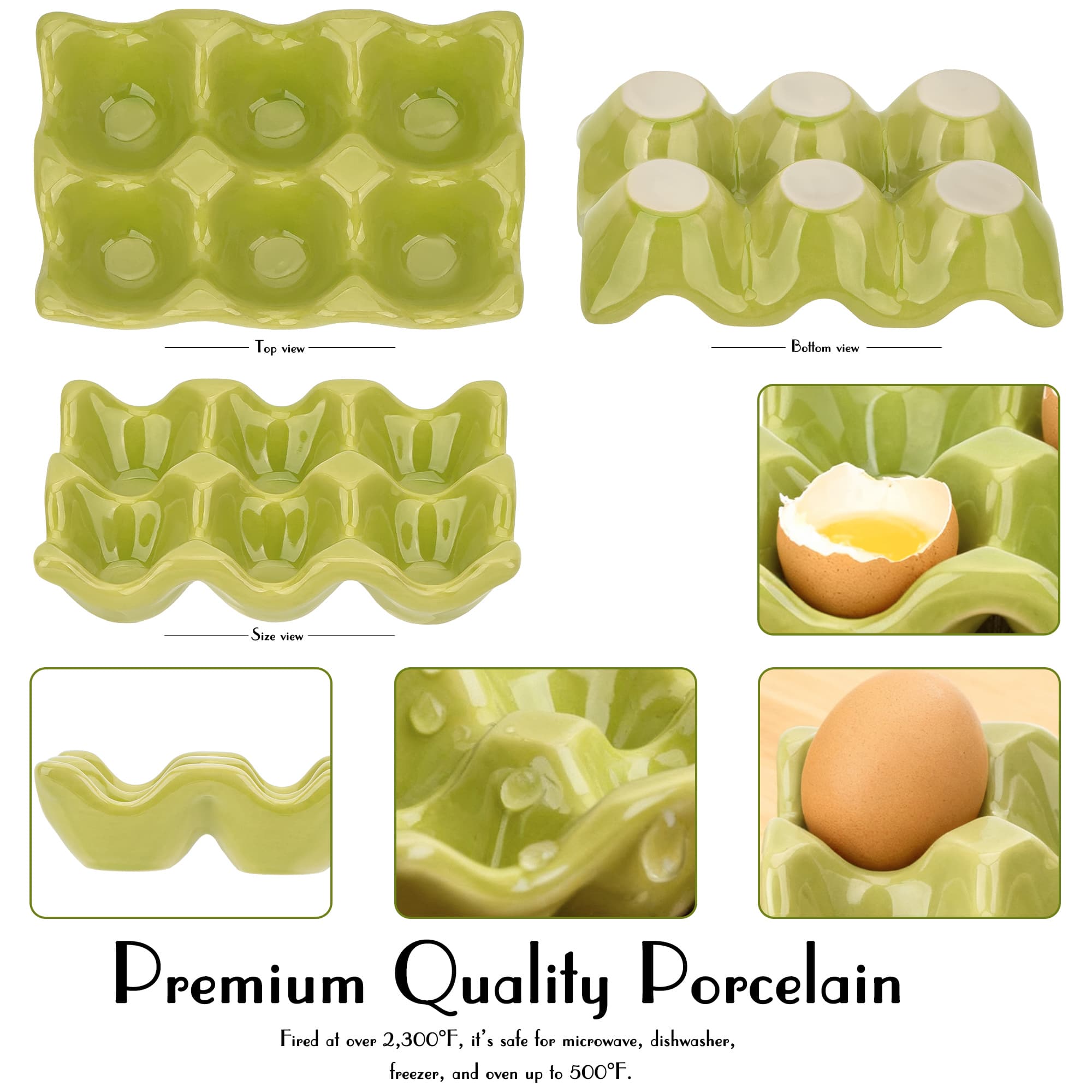 JANKINGS Ceramic Egg Holder Trays, 2-Pack Green, 6-Slot Each (12 Eggs Total) — Countertop & Fridge Egg Cups Organizer, Glazed Stoneware Egg Rack - 2