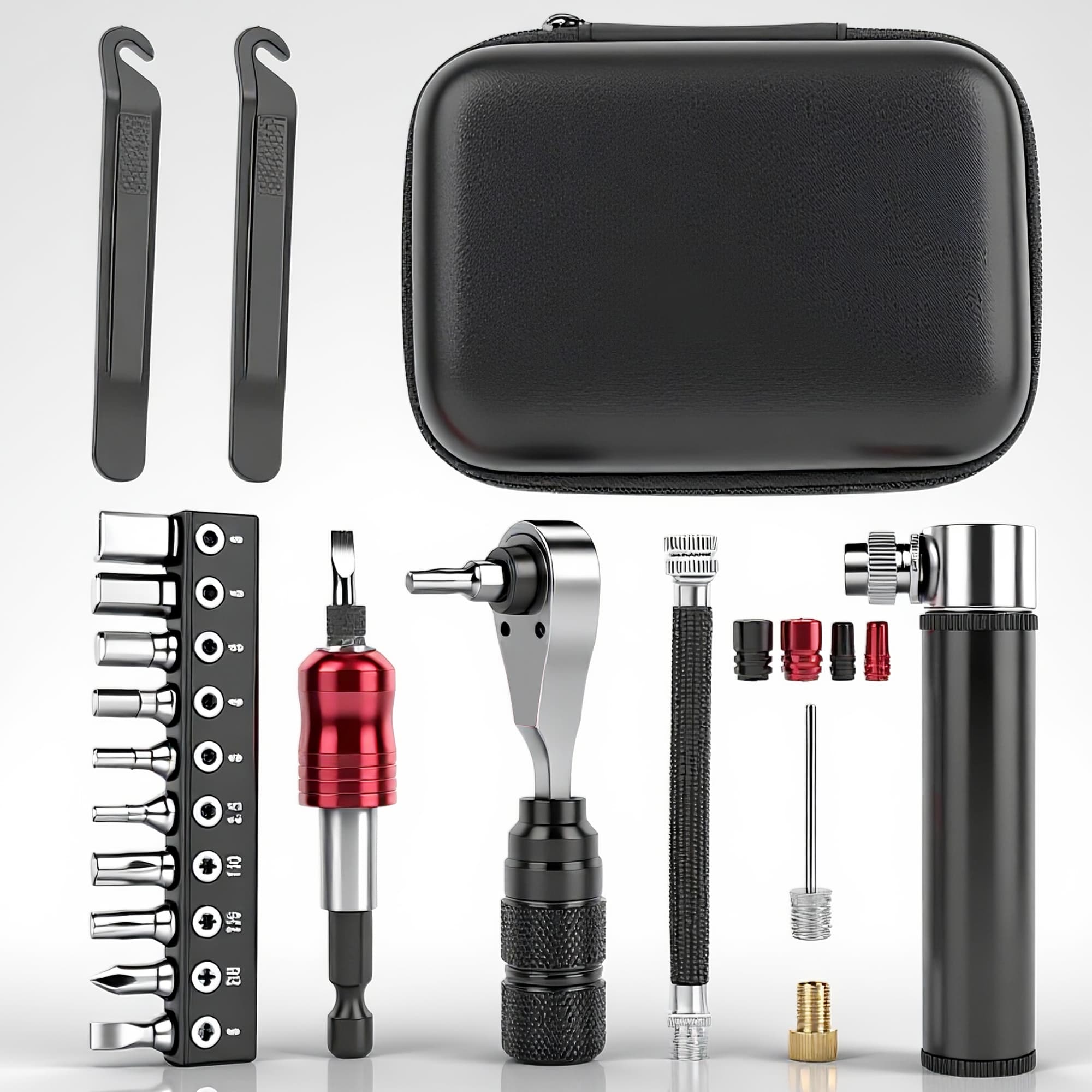 RidingRush Smal Bike Repair Tool Kit with Mini Pump, Ratchet Wrench and Tire Repair Set, Portable Bicycle Tool Kit with Storage Case for Road Bike, MTB and Commuter Cycling - 4