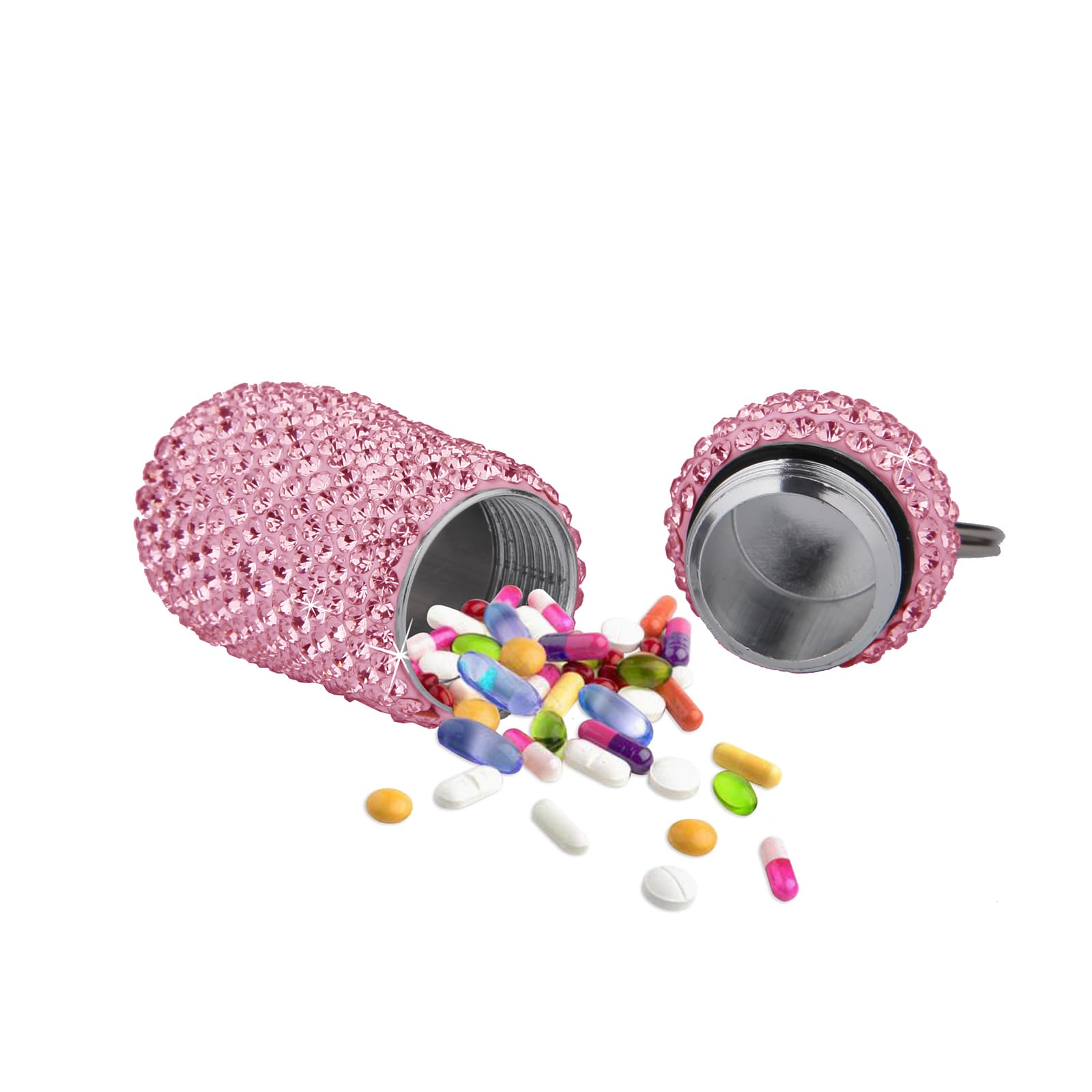 JANKOW 2 Pcs Bling Earplug Case, Waterproof Aluminum Pill Box Keychain with Rhinestones, Sparkling Mini Ear Plug Container for Sleeping, Concerts & Travel, Portable Jewelry Storage (Pink & Purple) - 2