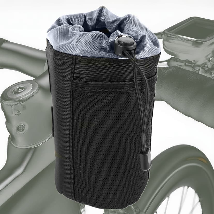RidingRush Bike Water Bottle Holder Bag, Handlebar Bottle Pouch with Drawstring Closure, Lightweight Nylon Cup Holder with Mesh Pocket and Adjustable Straps for Road, MTB, Commuter Bikes