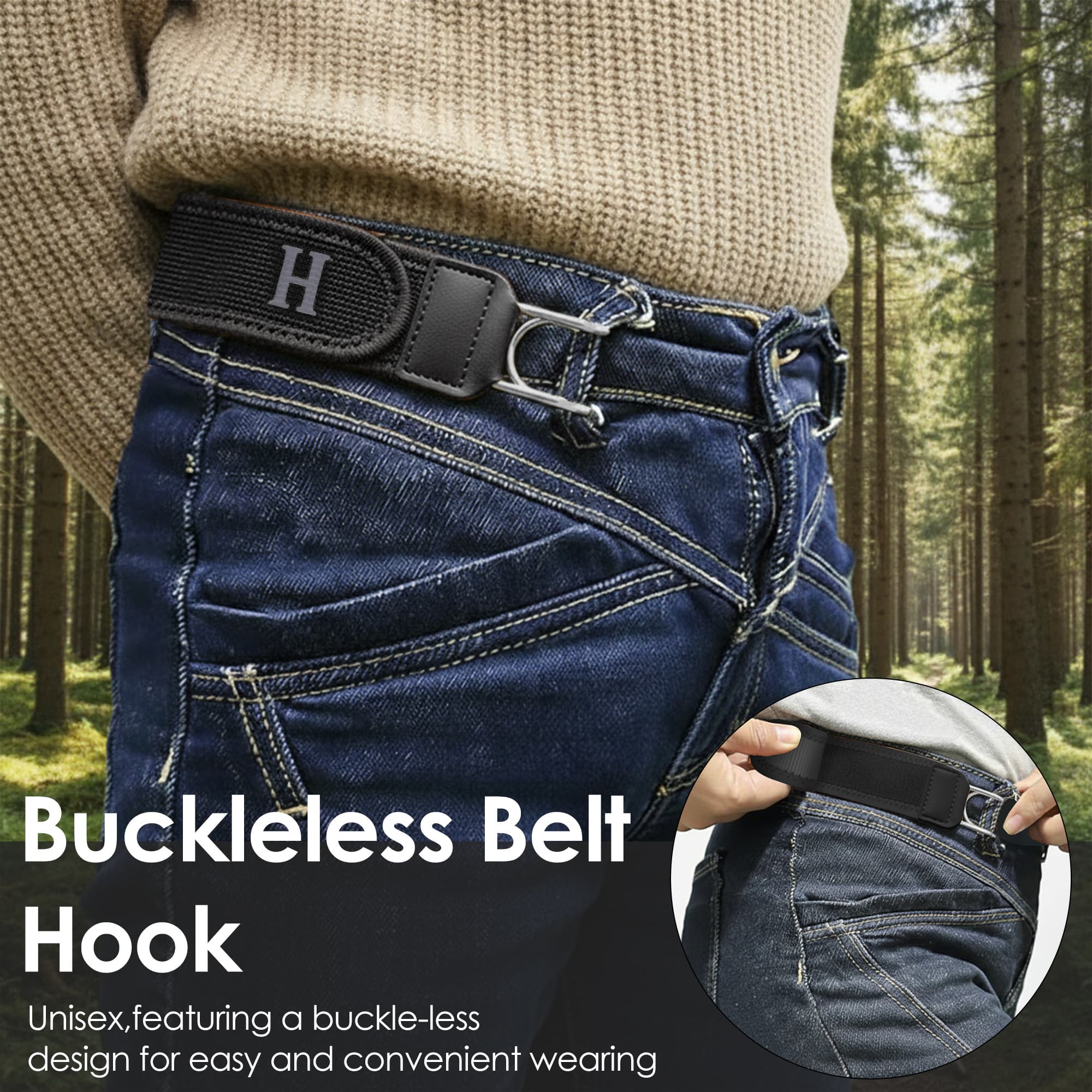 ReignSword 2 Pcs No Buckle Elastic Stretch Belt, Adjustable No Buckle Belts for Men and Women,  Invisible Buckleless Belts without Buttons for Jeans (Black) - 5