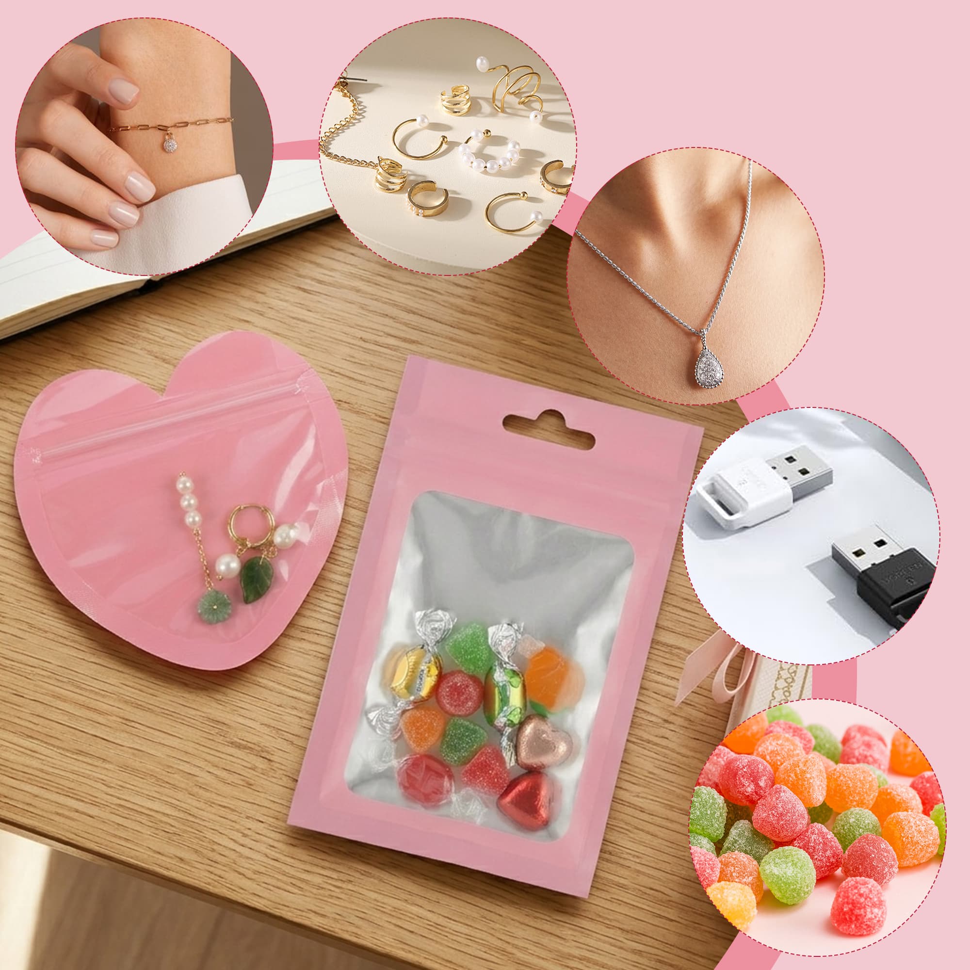 ReignSword 100Pcs Pink Gift Bags, Resealable Heart & Rectangle Clear Front Ziplock Mylar Bags for Jewelry, Candy, Party Favors, Wedding & Small Business Packaging (5 x 3 Inch, 3.9 x 3.9 Inch) - 7