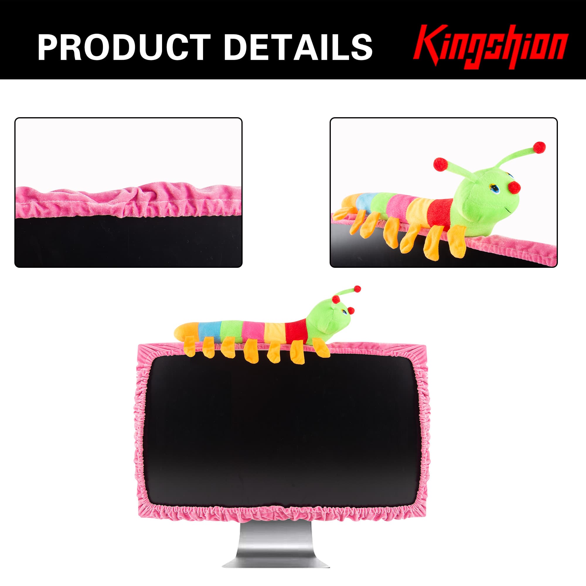 23"-27" Lovely Cute Caterpillar Computer Monitor Cover with Elastic, TV LCD Screen Monitor Decoration Dust Cover Protector, Pink - 1