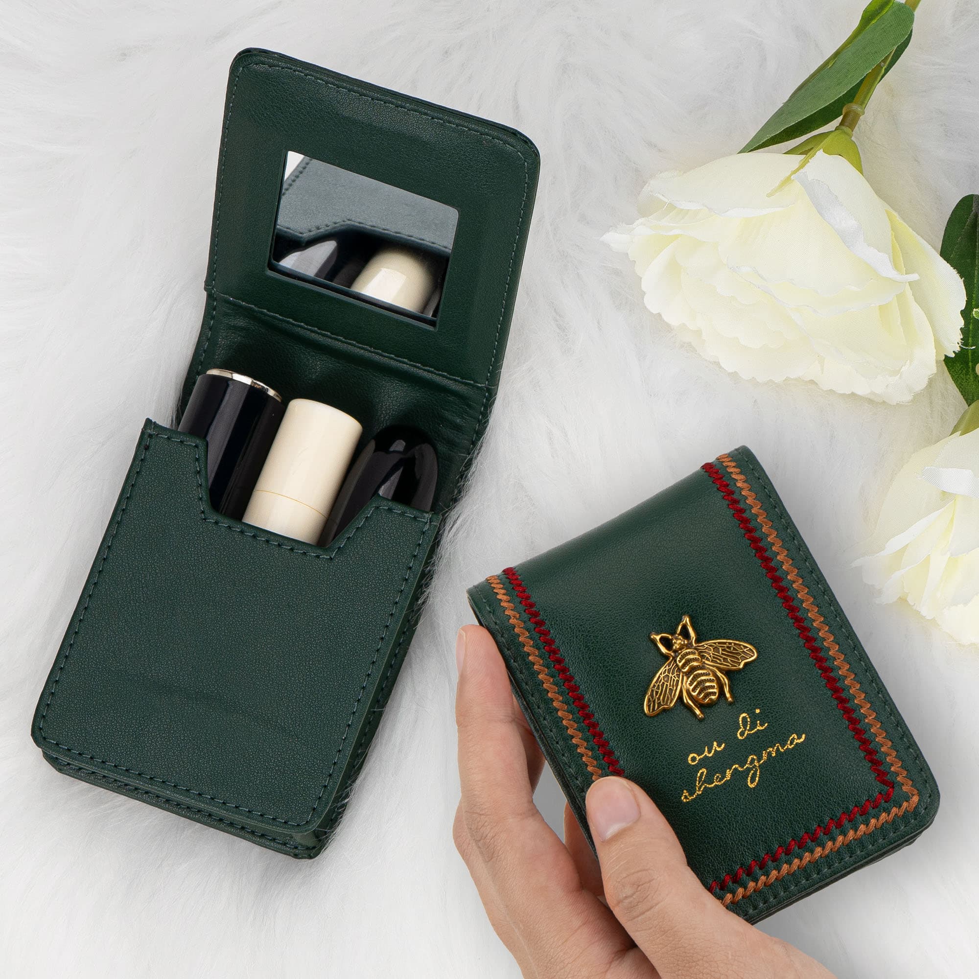 JANKINGS Genuine Leather Lipstick Case with Mirror, Mini Portable Makeup Bag for Purse, Dark Green, 1-Pack - 3