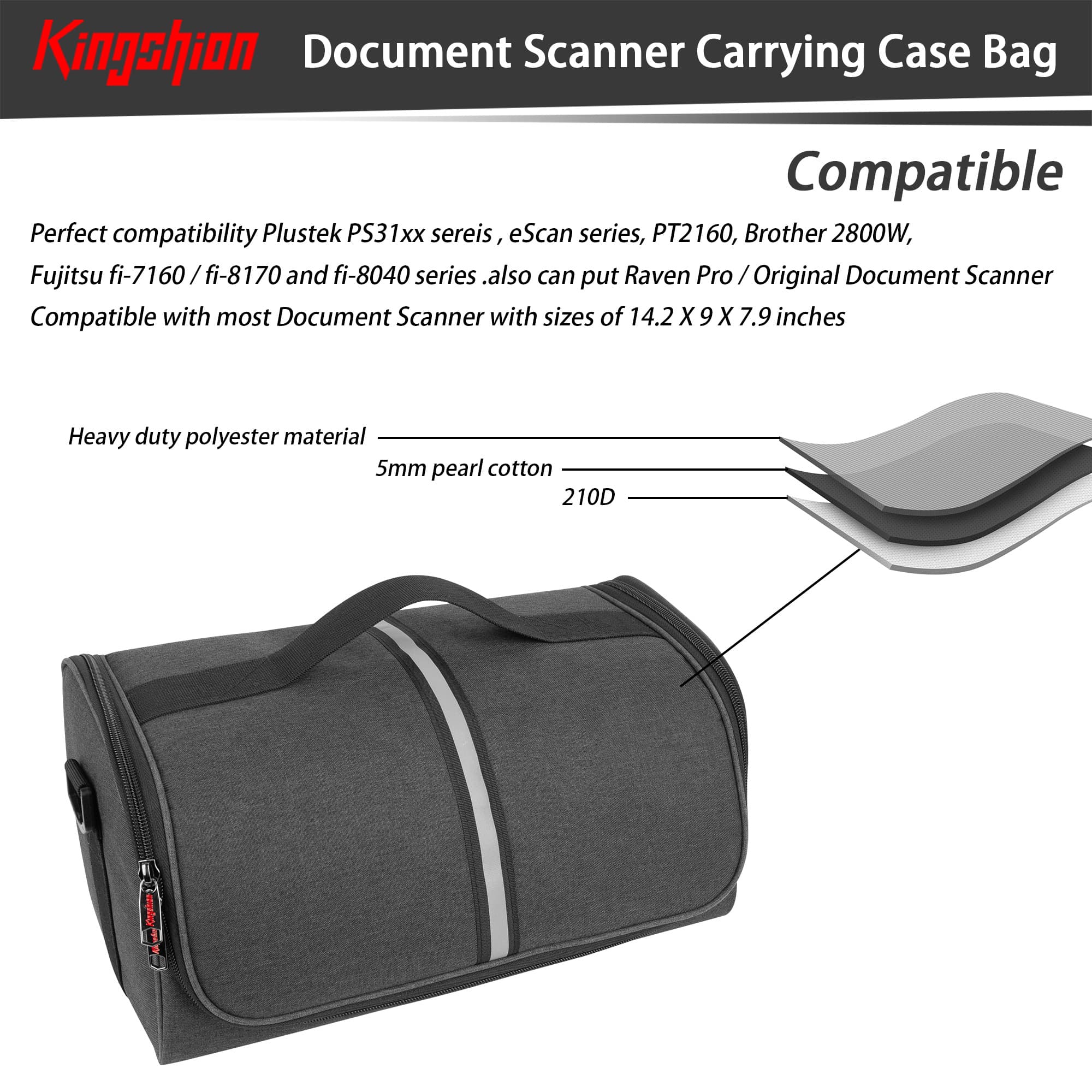 Kingshion Large Document Scanner Carrying Case Bag, Dust-Proof, Anti-Scratch, With Handle and Shoulder Strap Compatible with Plustek Scanner, Fujitsu Fi series, Brother and Raven Scanner Use-Dark Grey - 5