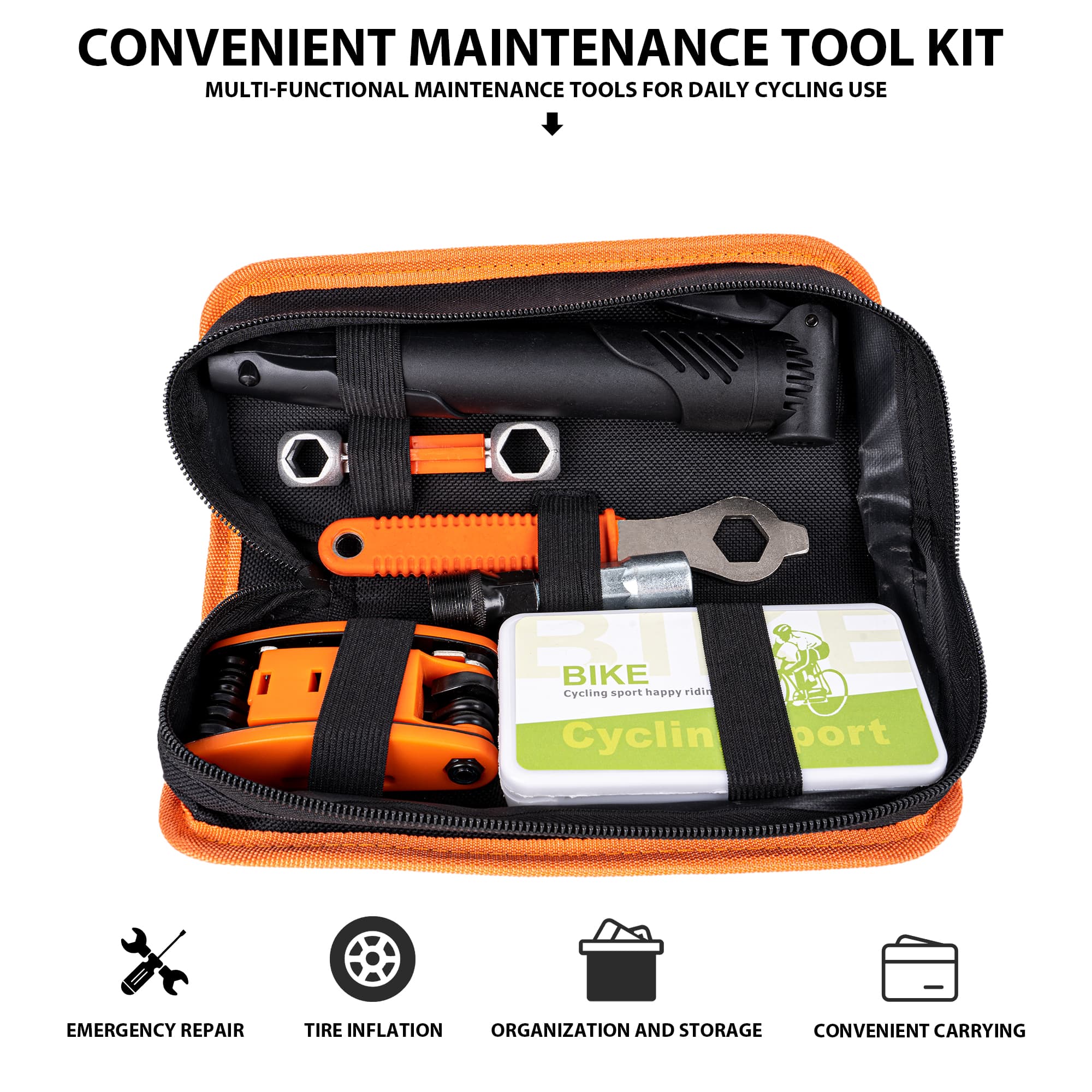 RidingRush Emergency Bike Repair Kit with 120 PSI Mini Pump, 16-in-1 Bicycle Multi Tool, Tire Levers, Glueless Patches & Portable Saddle Bag for MTB and Road Bikes - 3