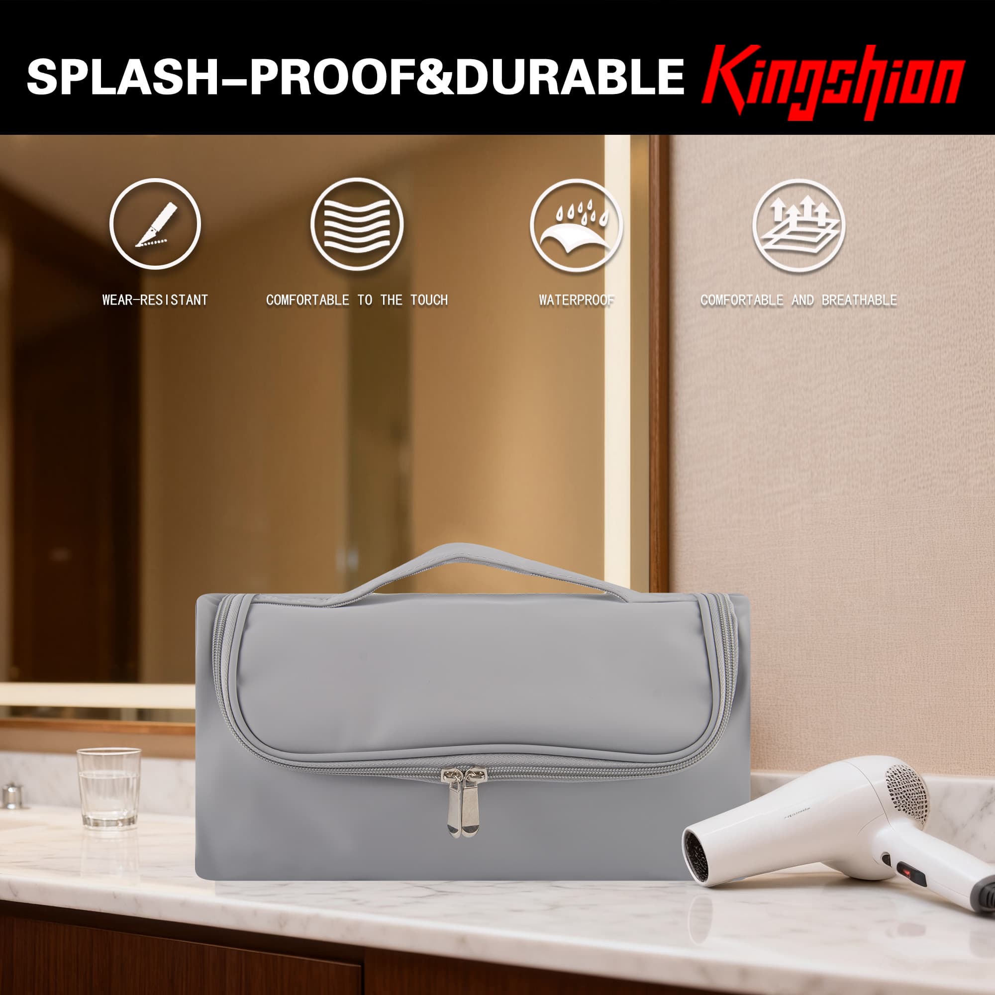Hair Tool Organizer Case Compatible with Hair Dryer & Curling Iron - Premium Smooth PU Leather Storage Bag with Wall-Mountable Hook, Mesh Pocket, 4 Slots for Detachable Replacement Heads (Gray) - 5