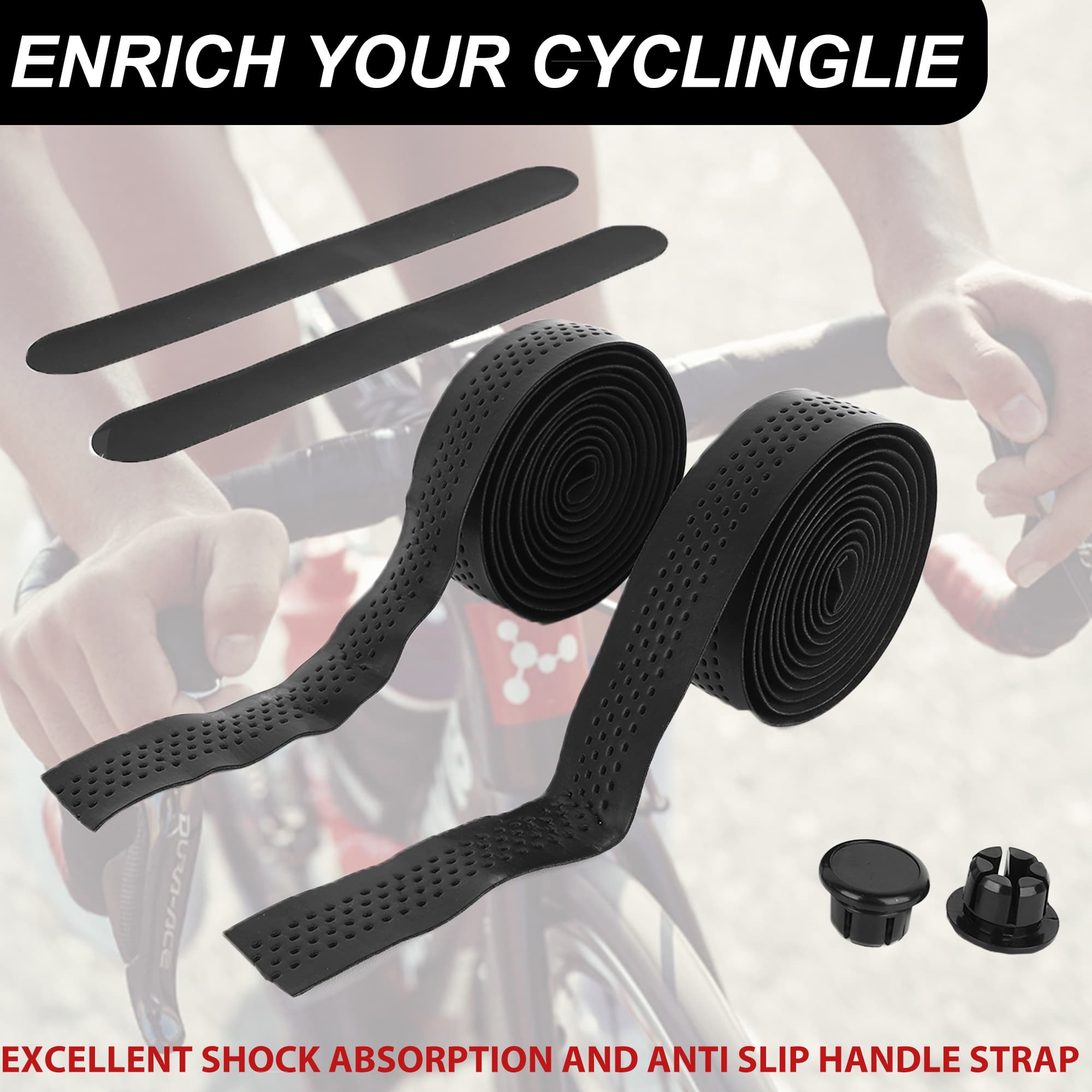 RidingRush Bike Grip Tape Road Bike Perforated PU – Anti-Slip Breathable Bar Tape for Road Bike, Shock Absorbing Bicycle Handlebar Wrap, Black Grip Tape for Cycling Comfort - 3