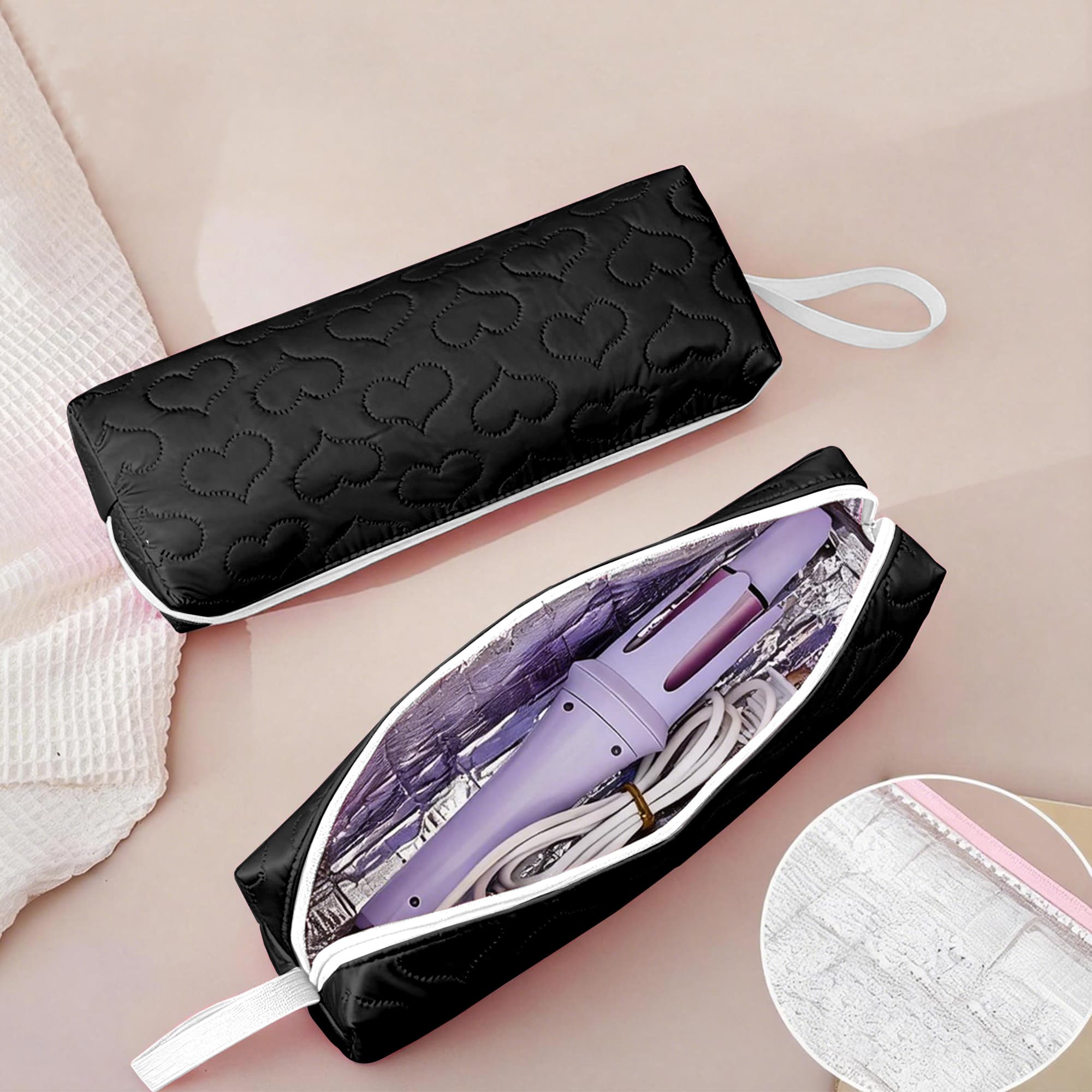 ReignSword Heat Resistant Hair Tools Travel Bag, Portable Storage Case Pouch with Heart Pattern for Curling Irons, Flat Irons, Hair Straighteners and Accessories (Black) - 7