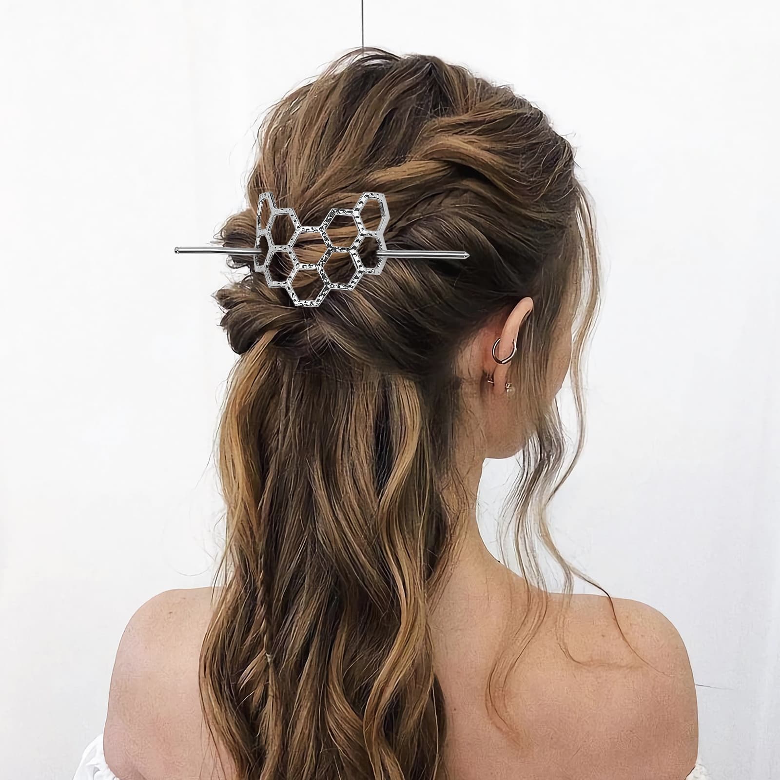 CAIRIAC Honeycomb Hair Clips Slide Hairpins, Minimalist Bee Hair Pin Barrette with Stick, Bee Lovers Gift Metal Hair Slide with Stick, Creative Hair Accessories for Women Girls Gifts (Silver) - 2