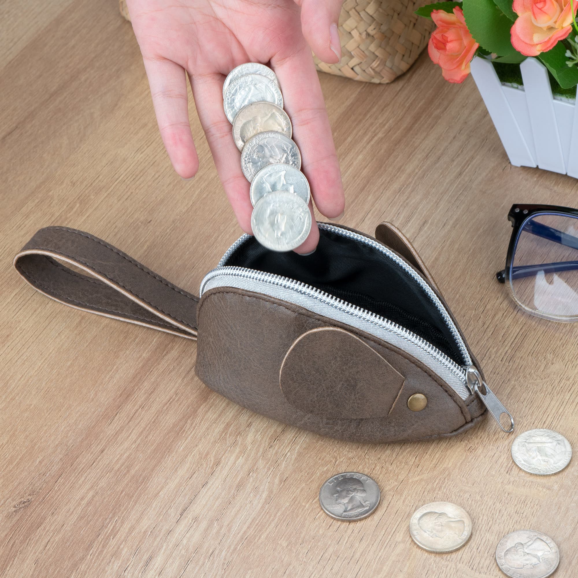 JANKINGS Mouse-Shaped PU Leather Coin Purse, Mini Zipper Change Pouch with Carry Loop, Cute Animal Wallet for Women , 1-Pack - 5