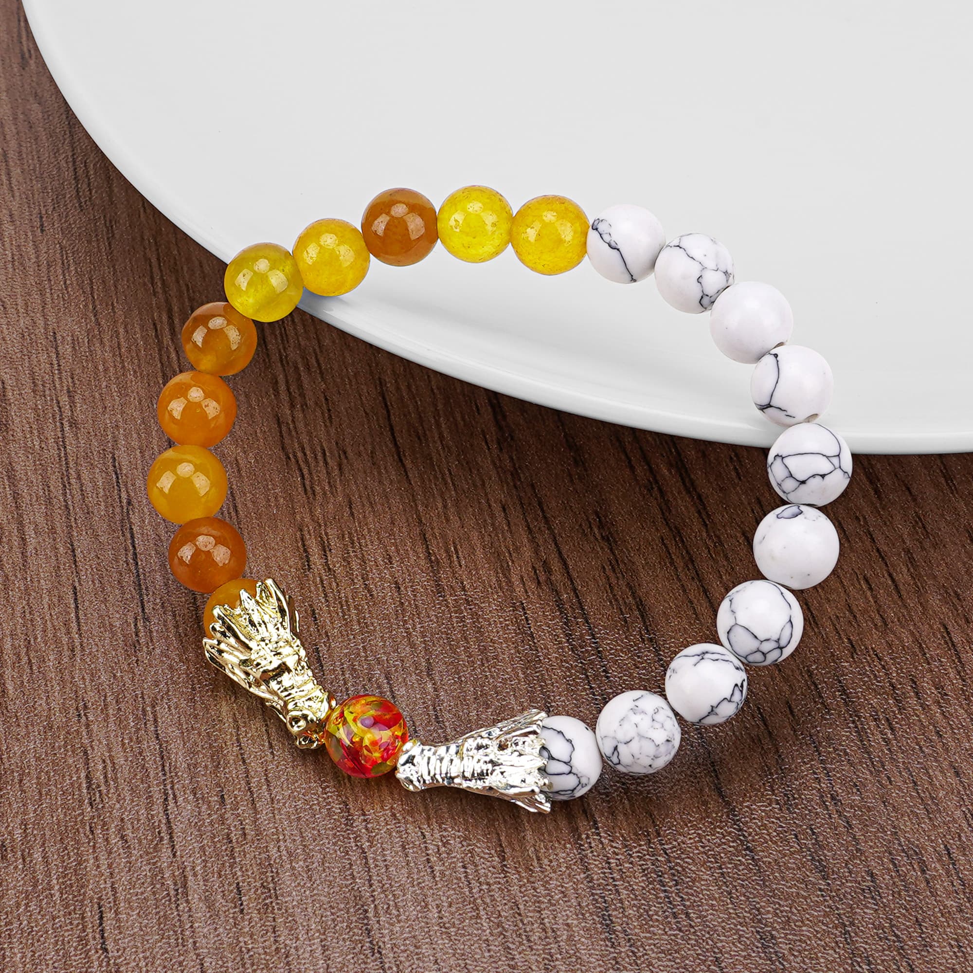 JANKOW Lava Stone & White Turquoise Two-Tone Yellow Crystal Dragon Head Stretch Strand Bracelet, White/Yellow, Unisex - 3