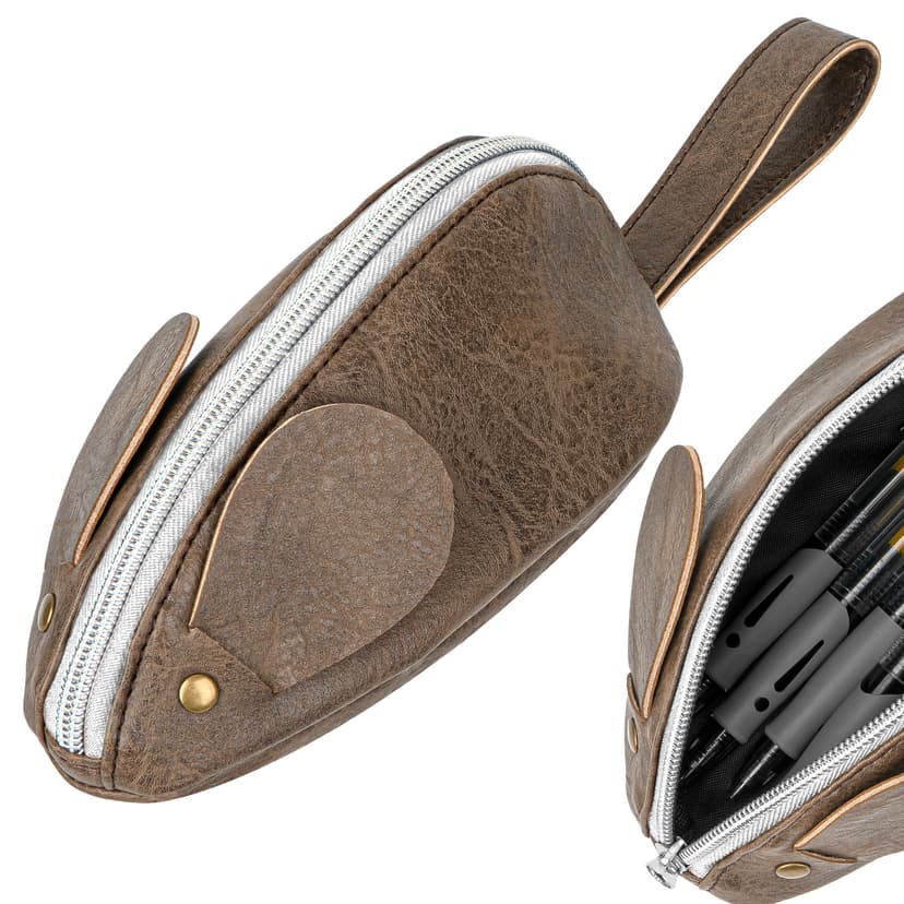 JANKINGS Custom Mouse Pencil Case, PU Leather Zipper Pen Pouch with Wrist Strap Tail, Brown, 1-Pack