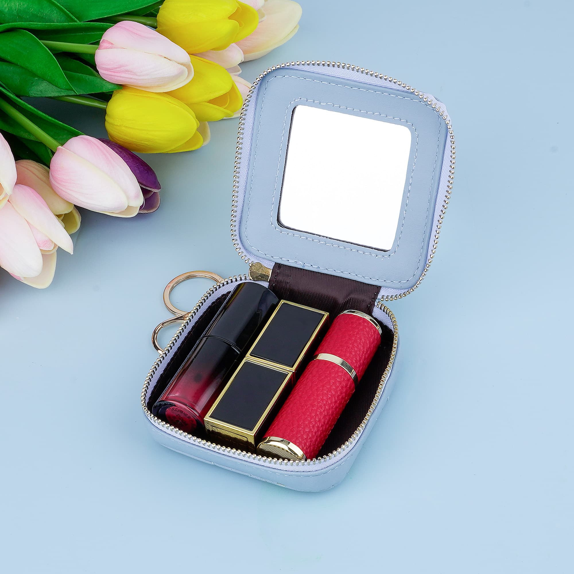 JANKOW Mini Cosmetic Pouch with Mirror, Light Blue Quilted PU Leather Makeup Bag for Purse, Zipper Travel Lipstick Case, 1-Pack - 4