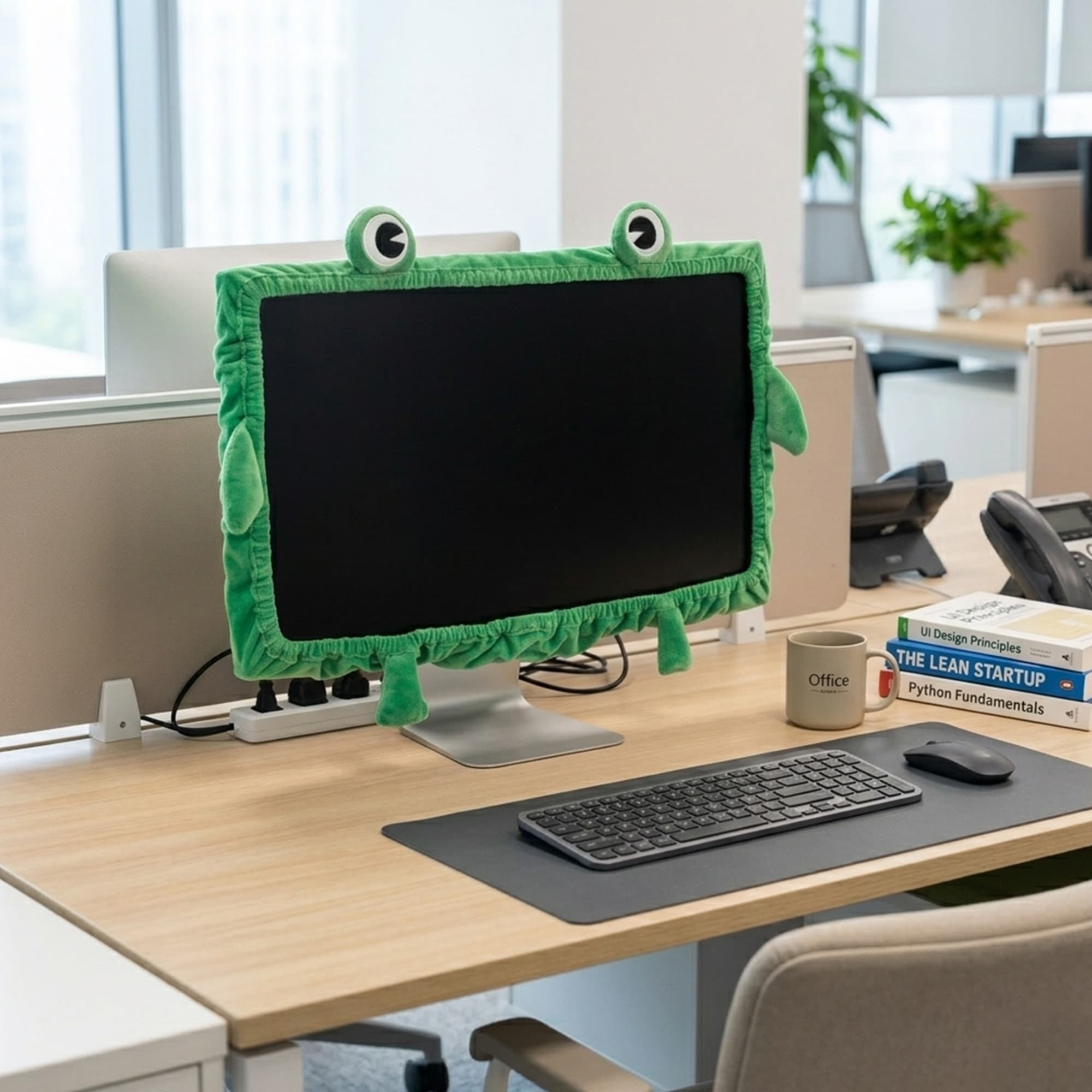 Kingshion Frog Monitor Cover, 23–27 Inch Cute Green Computer Screen Bezel Cover, Stretch Polyester with Elastic Band, Easy Install Desk Decor for Home Office, 1-Pack - 3